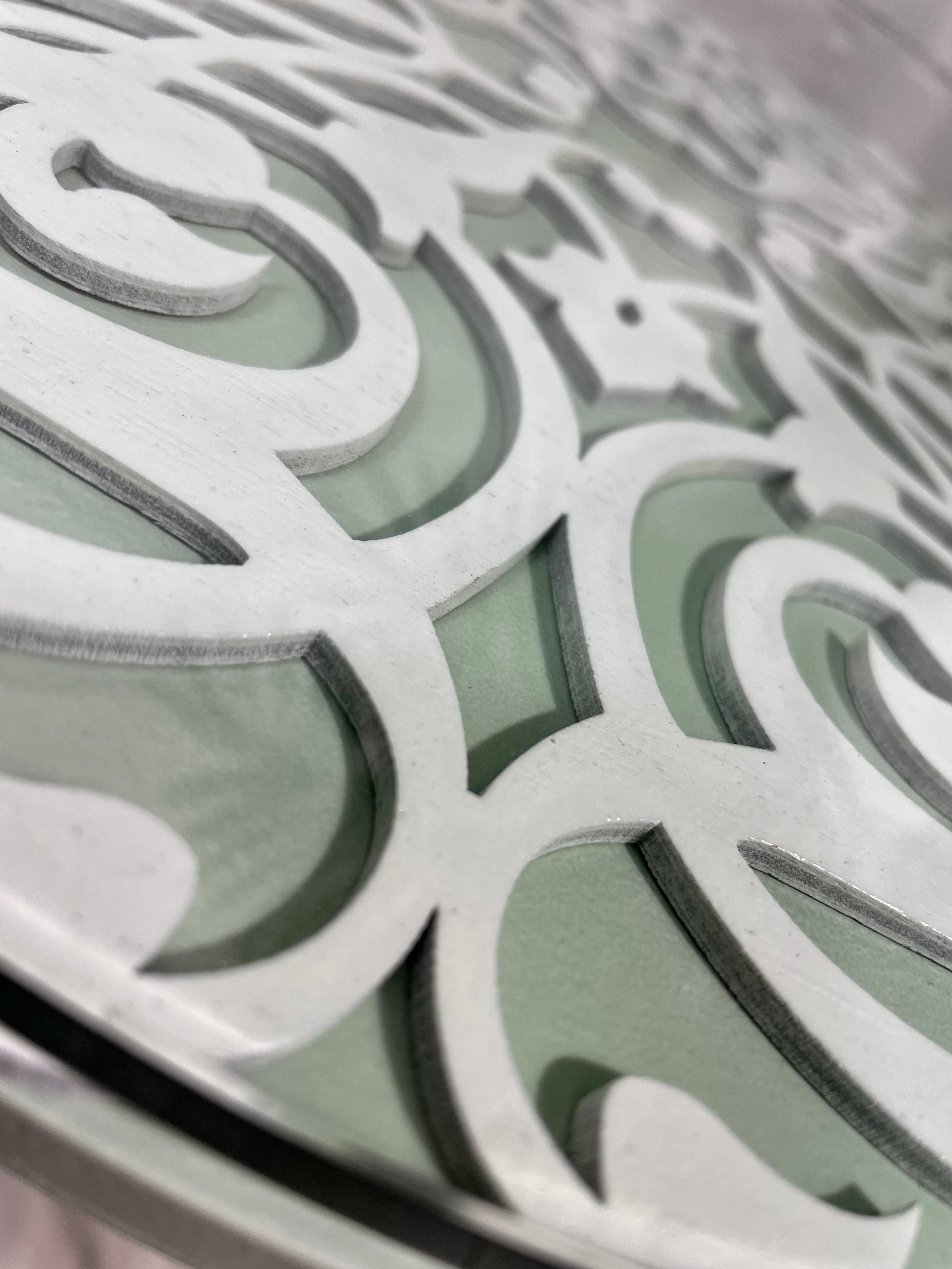 Arabesque Moroccan Side Table in Pastel Green and White Finish Pin Legs Zellige Table Glass Top