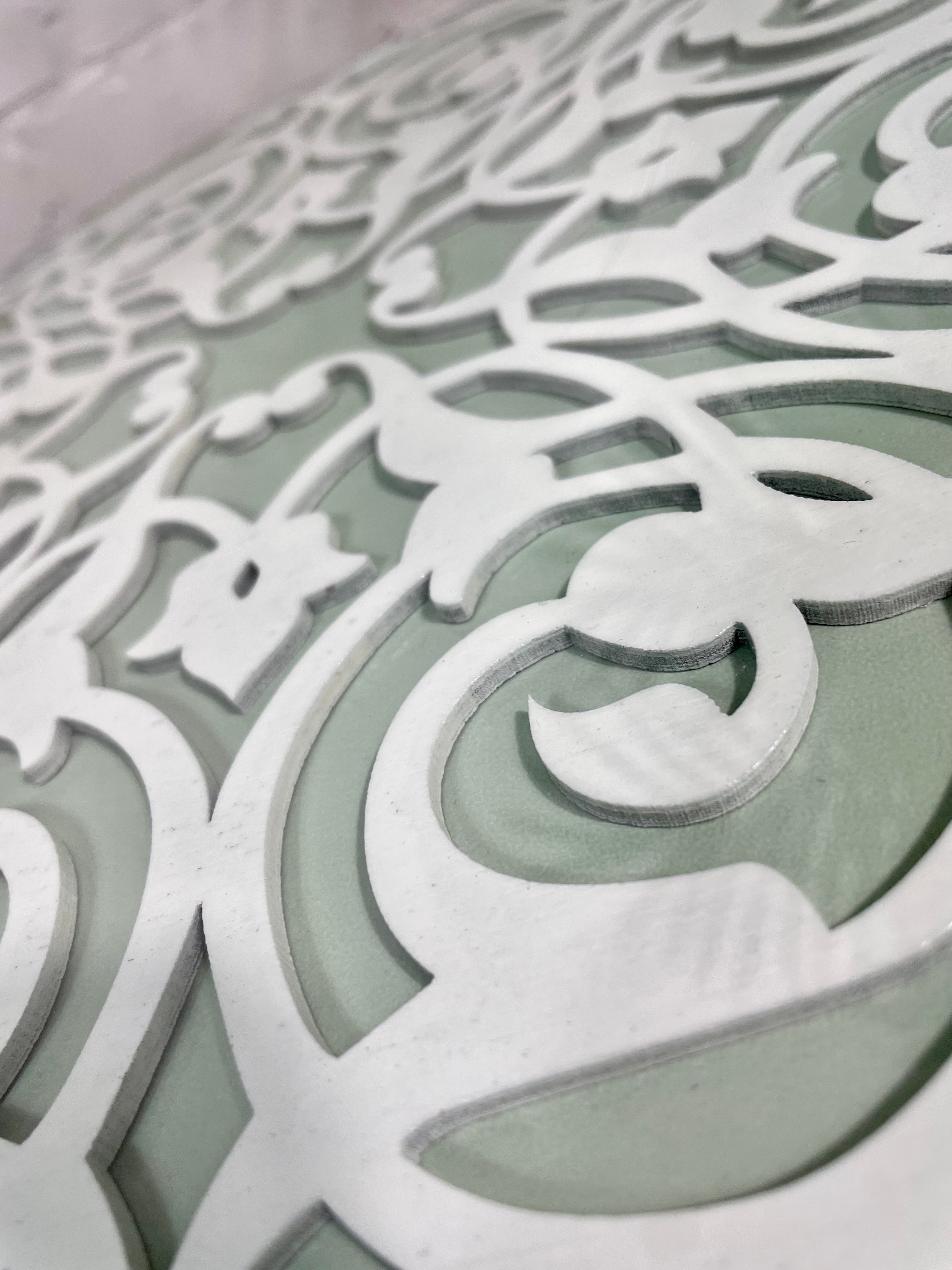 Arabesque Moroccan Side Table in Pastel Green and White Finish Pin Legs Zellige Table Glass Top