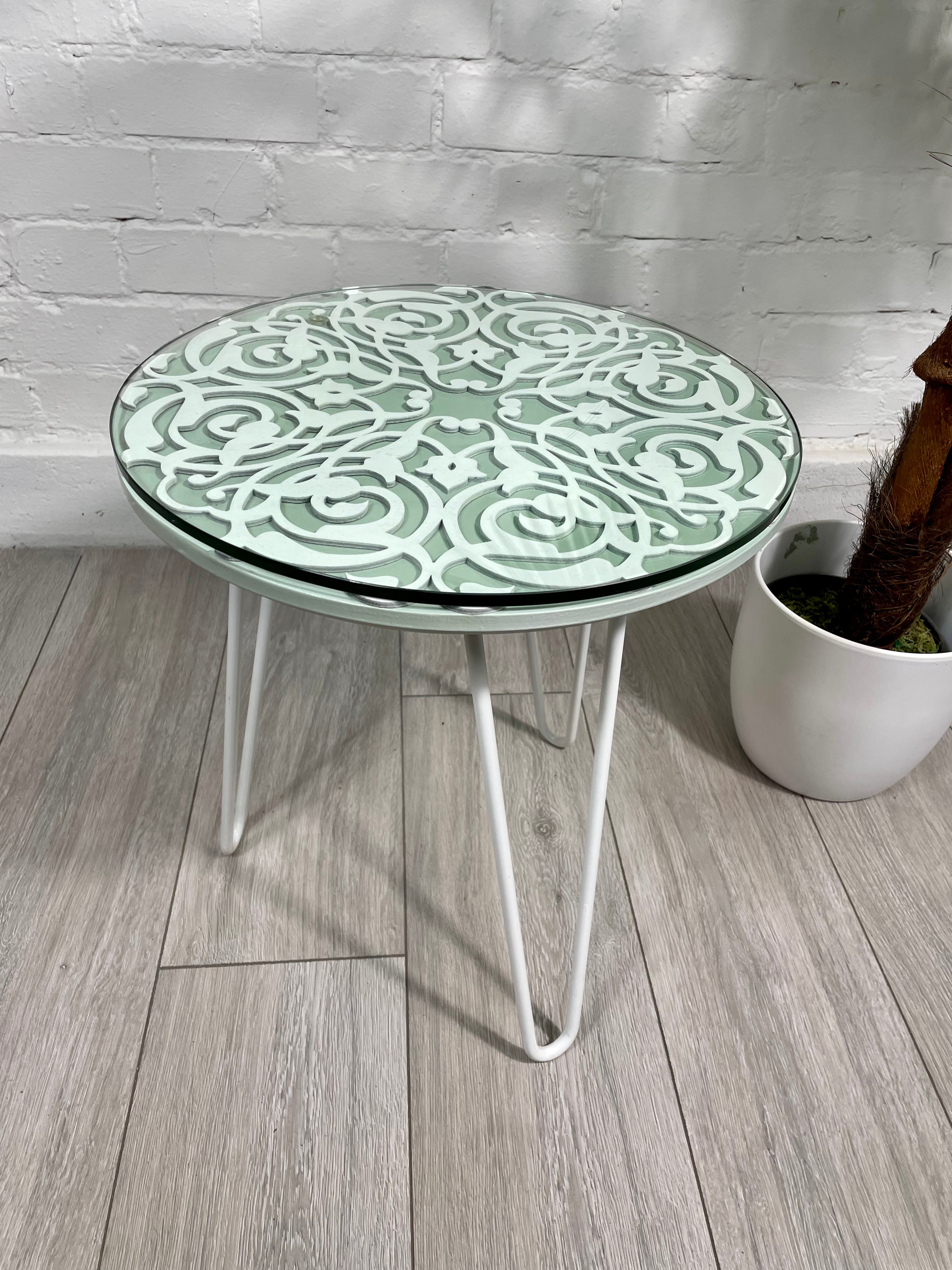 Arabesque Moroccan Side Table in Pastel Green and White Finish Pin Legs Zellige Table Glass Top