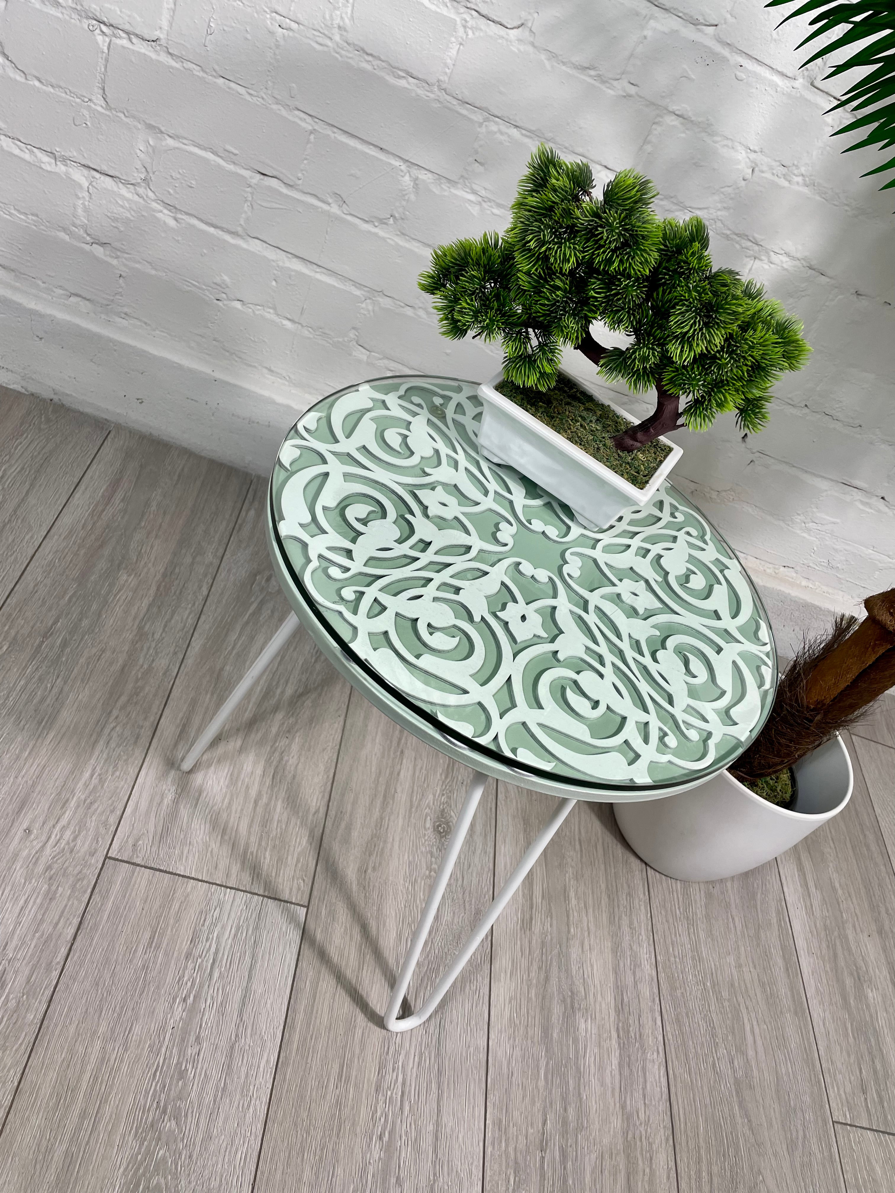Arabesque Moroccan Side Table in Pastel Green and White Finish Pin Legs Zellige Table Glass Top