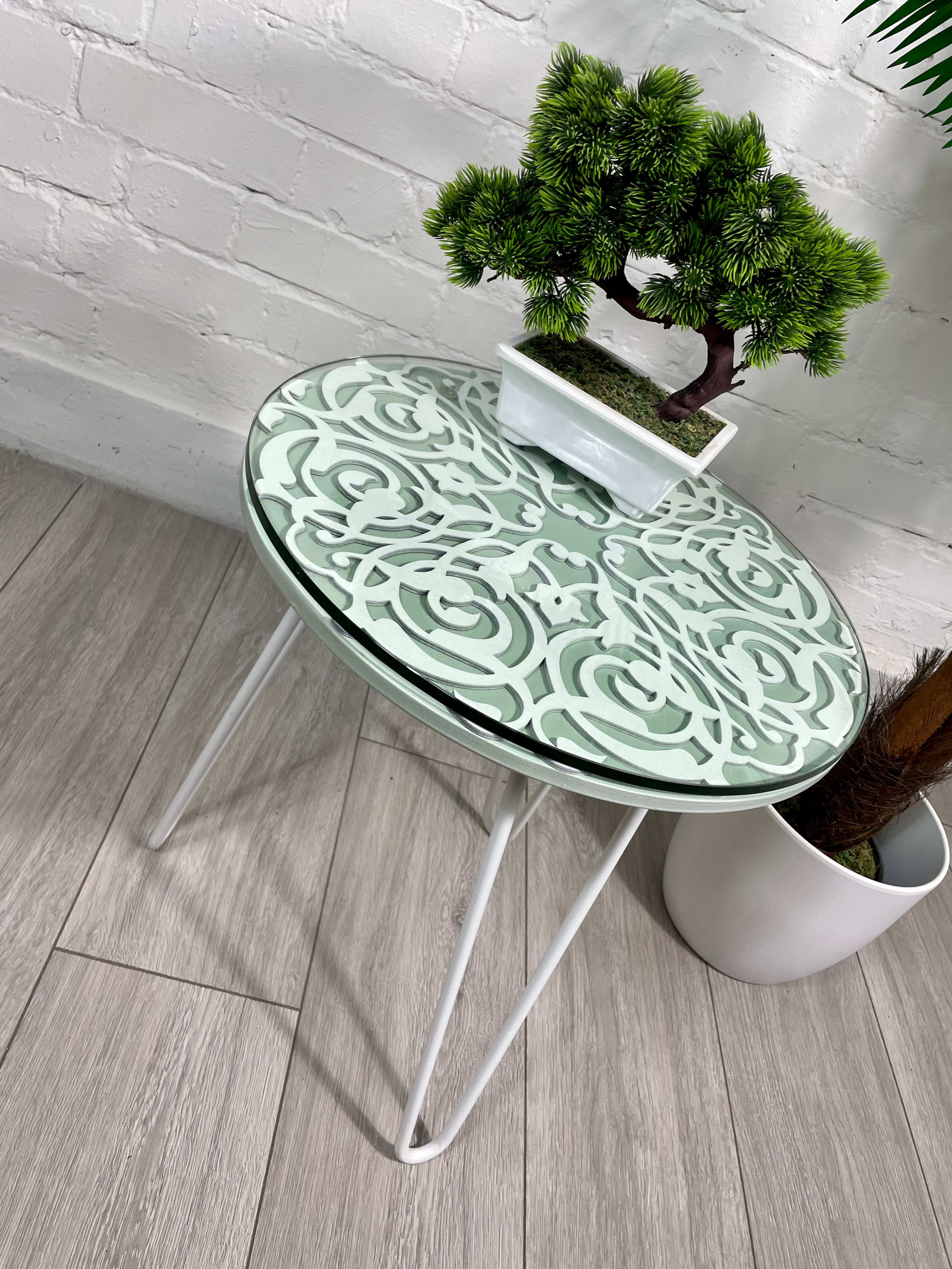 Arabesque Moroccan Side Table in Pastel Green and White Finish Pin Legs Zellige Table Glass Top
