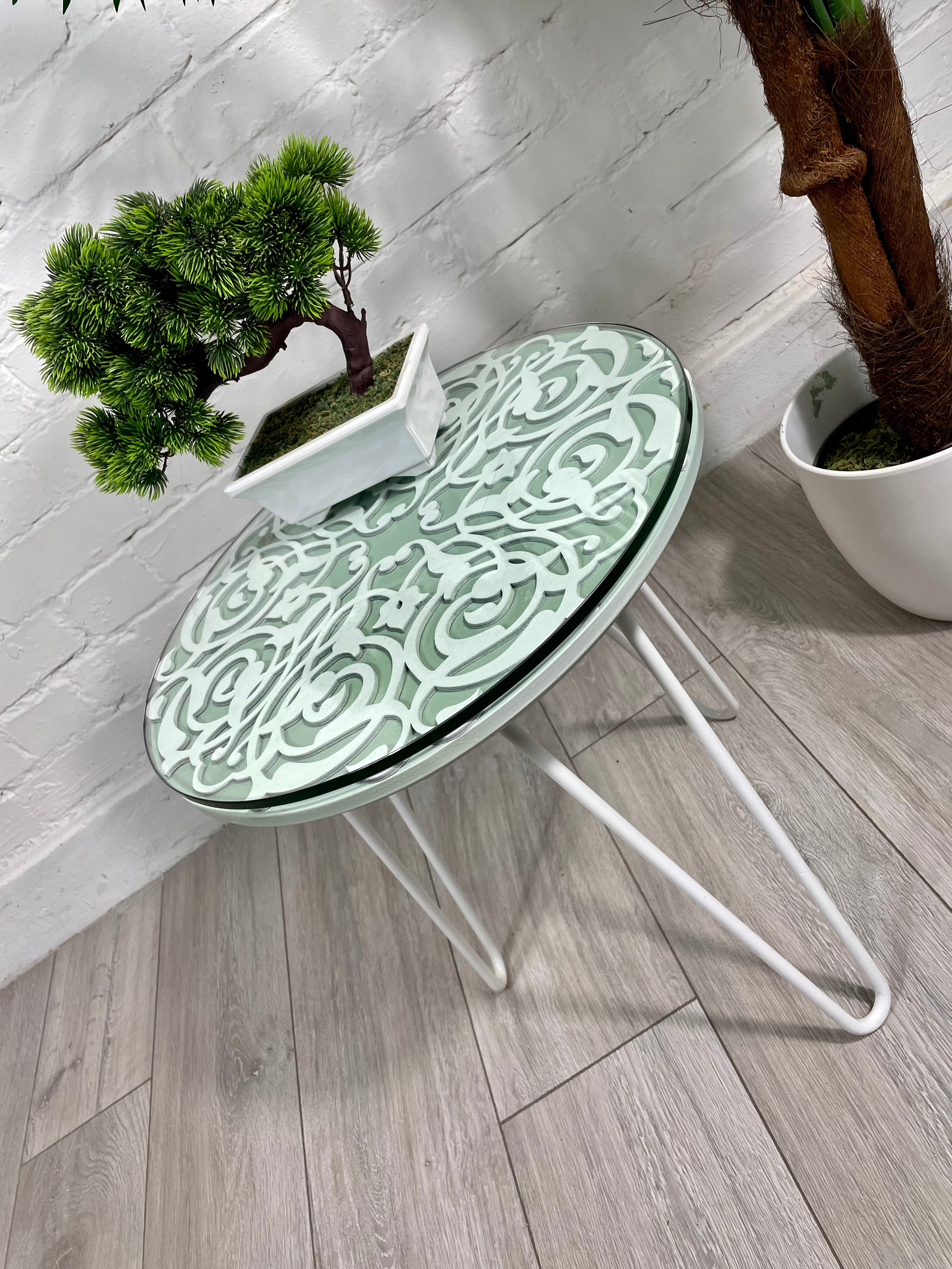 Arabesque Moroccan Side Table in Pastel Green and White Finish Pin Legs Zellige Table Glass Top