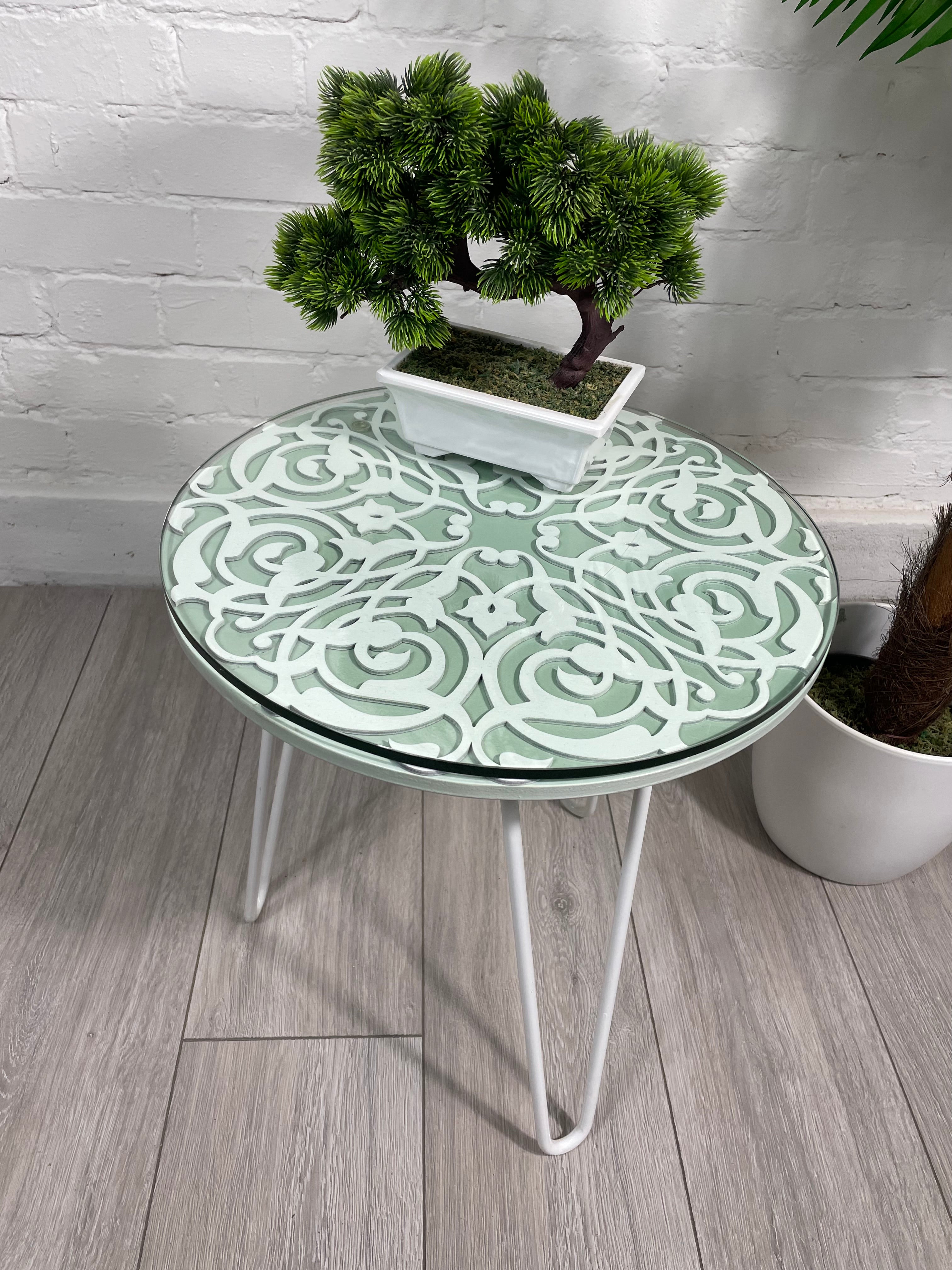 Arabesque Moroccan Side Table in Pastel Green and White Finish Pin Legs Zellige Table Glass Top