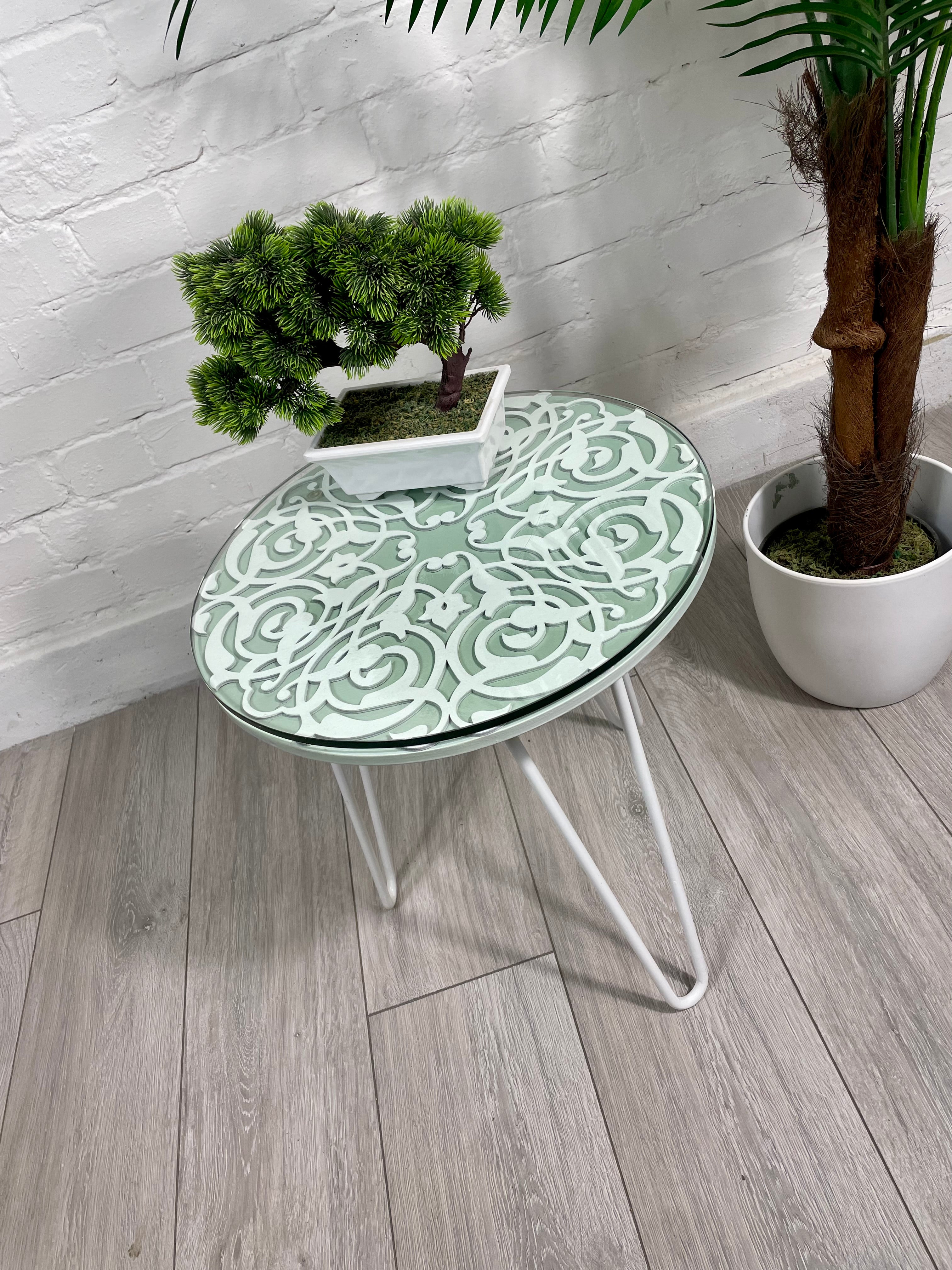Arabesque Moroccan Side Table in Pastel Green and White Finish Pin Legs Zellige Table Glass Top