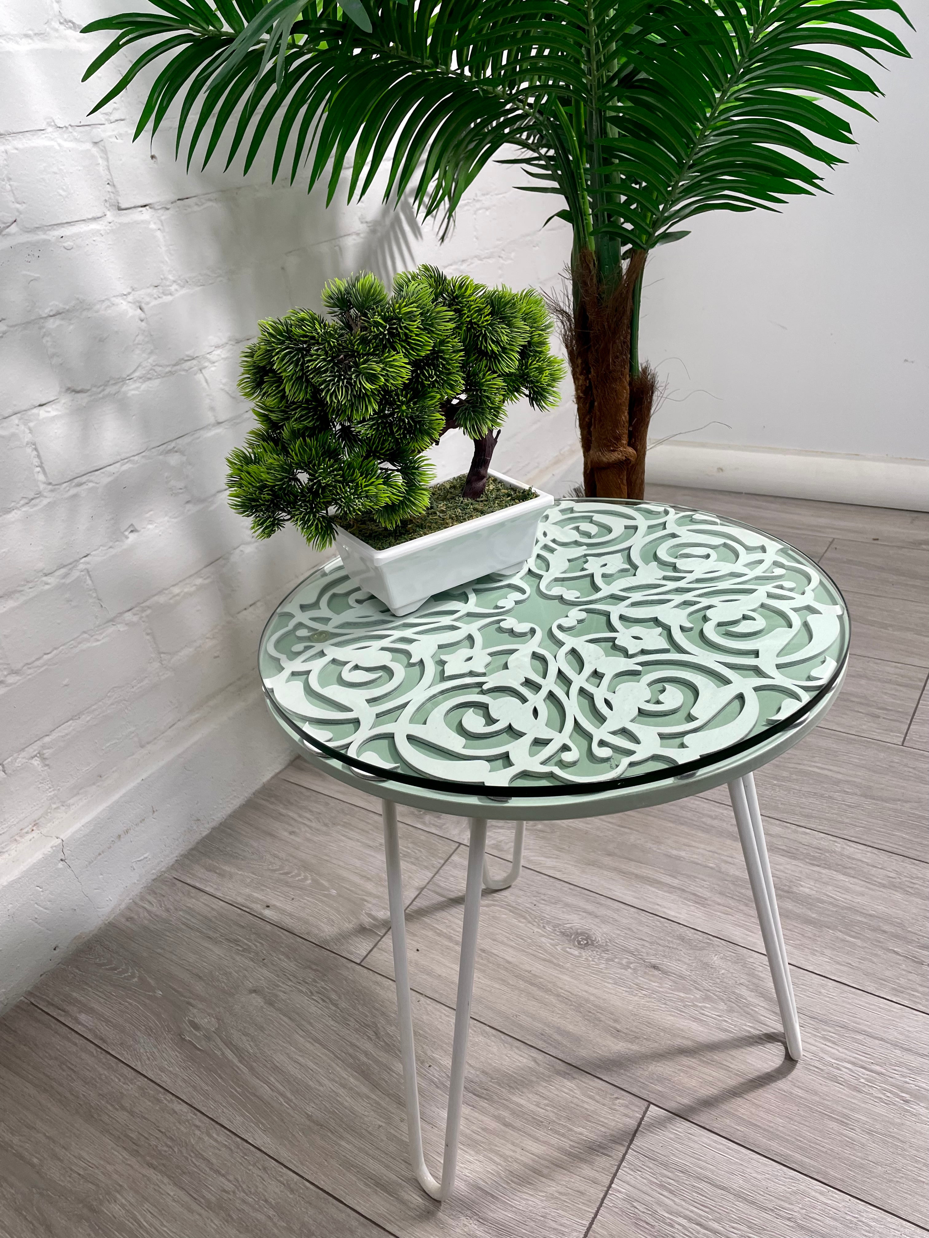 Arabesque Moroccan Side Table in Pastel Green and White Finish Pin Legs Zellige Table Glass Top