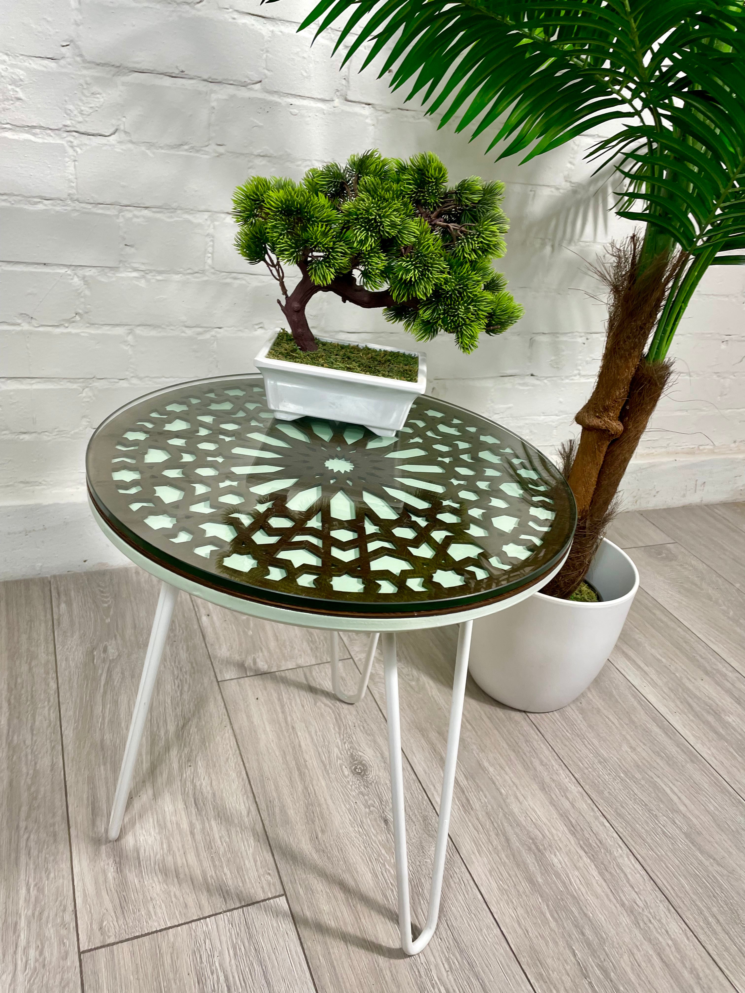 Moroccan Mosaic Side Table Pin Legs, Zellige Table Green Pastel and Walnut stain with  Glass Top