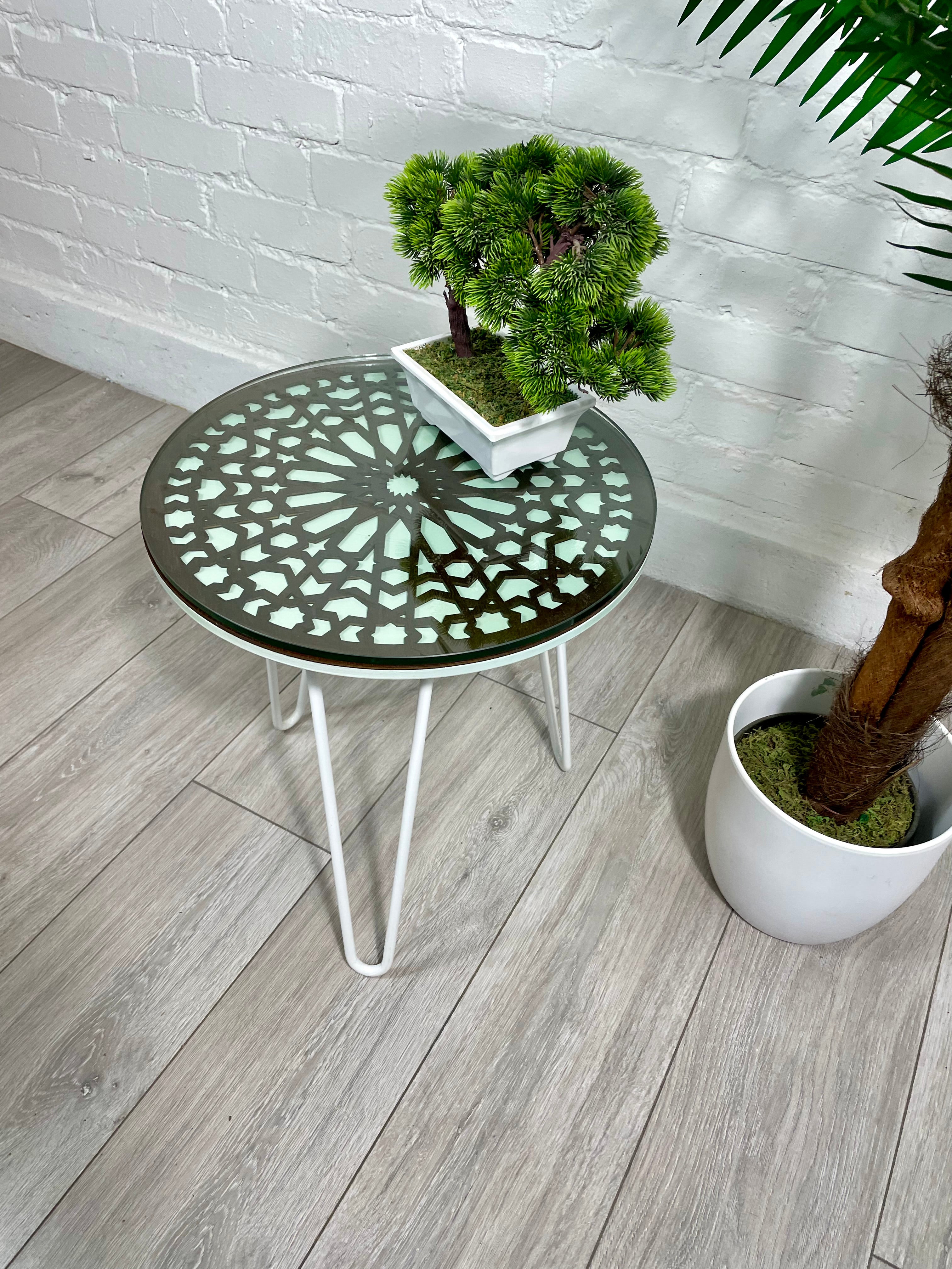 Moroccan Mosaic Side Table Pin Legs, Zellige Table Green Pastel and Walnut stain with  Glass Top