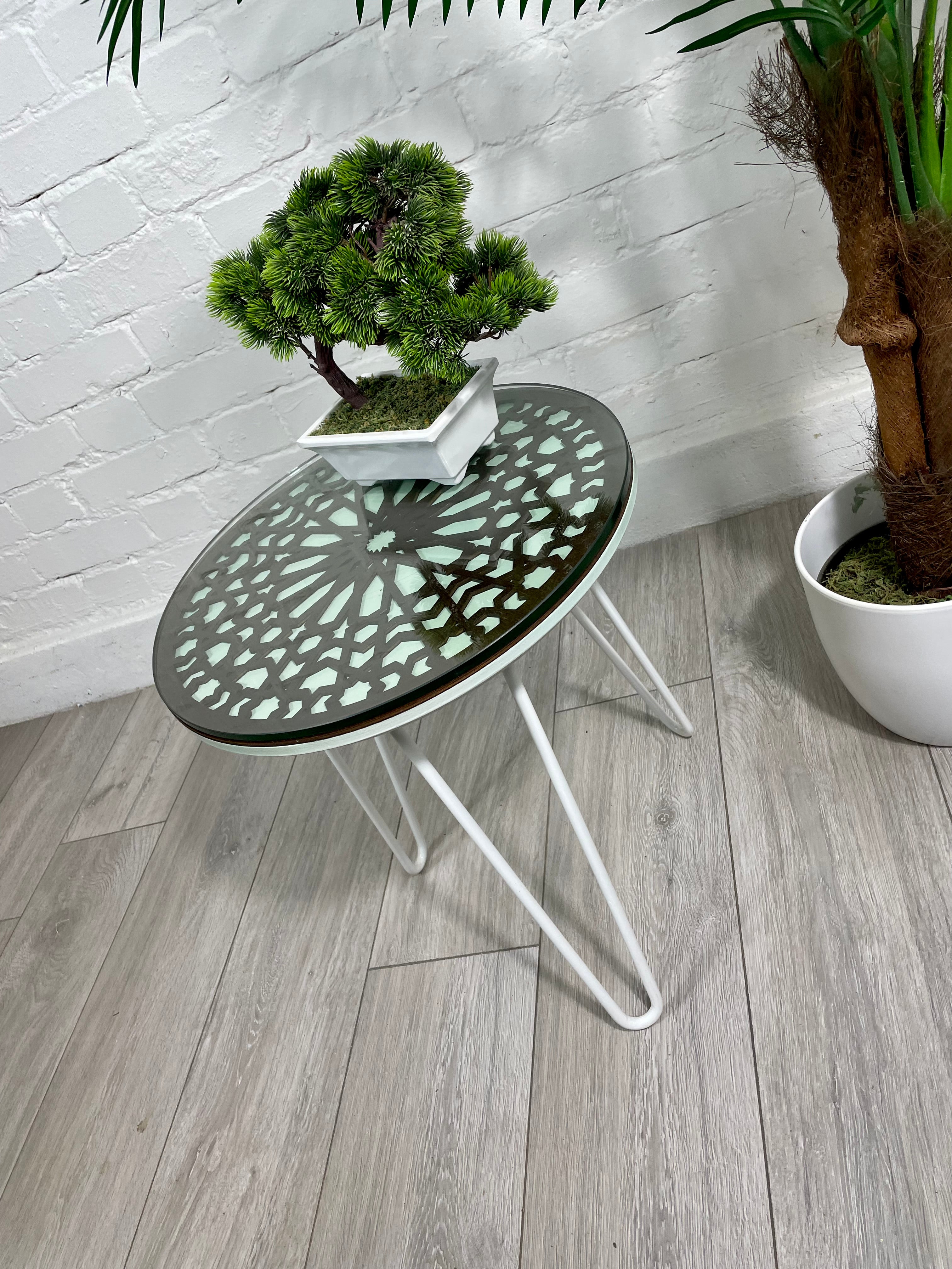 Moroccan Mosaic Side Table Pin Legs, Zellige Table Green Pastel and Walnut stain with  Glass Top