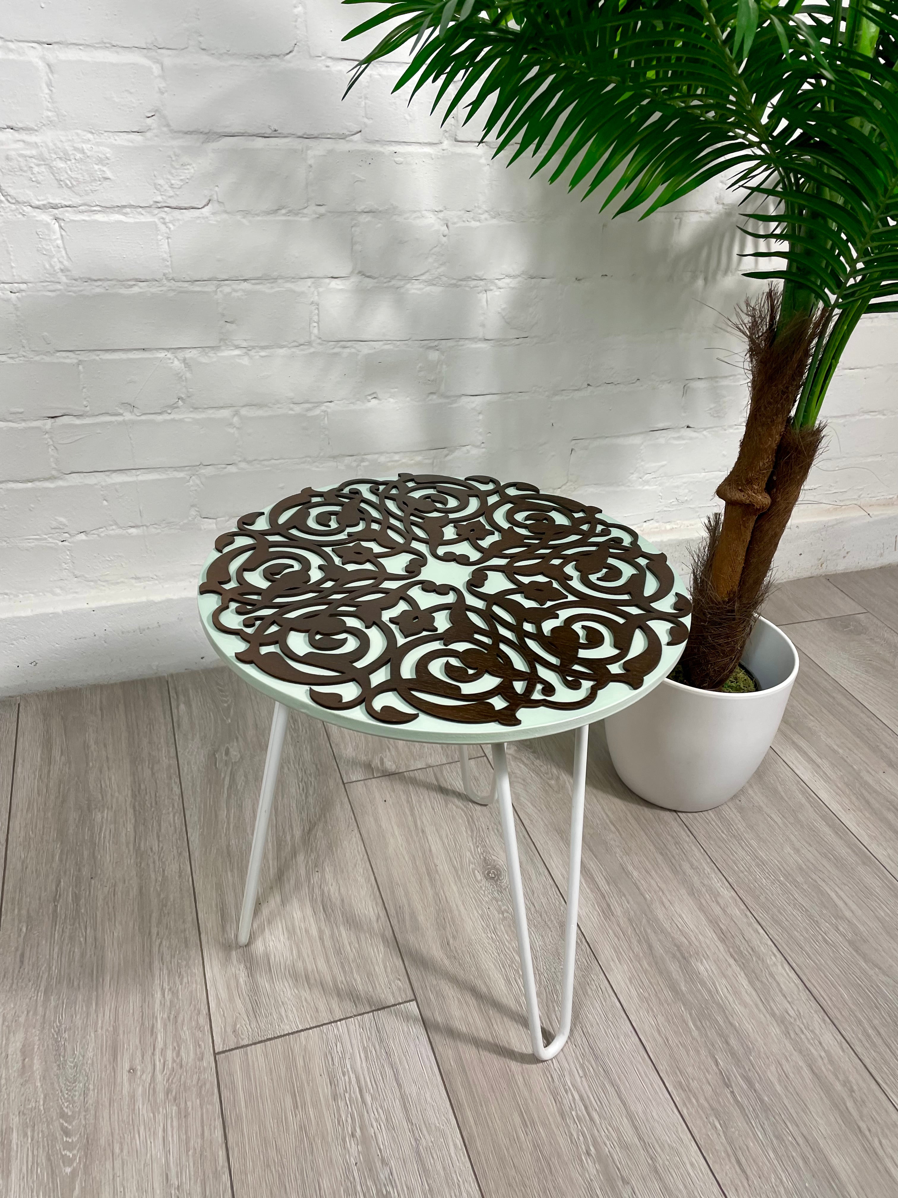 Green Pastel and Walnut finish side table with Arabesque fret work, and Pin legs