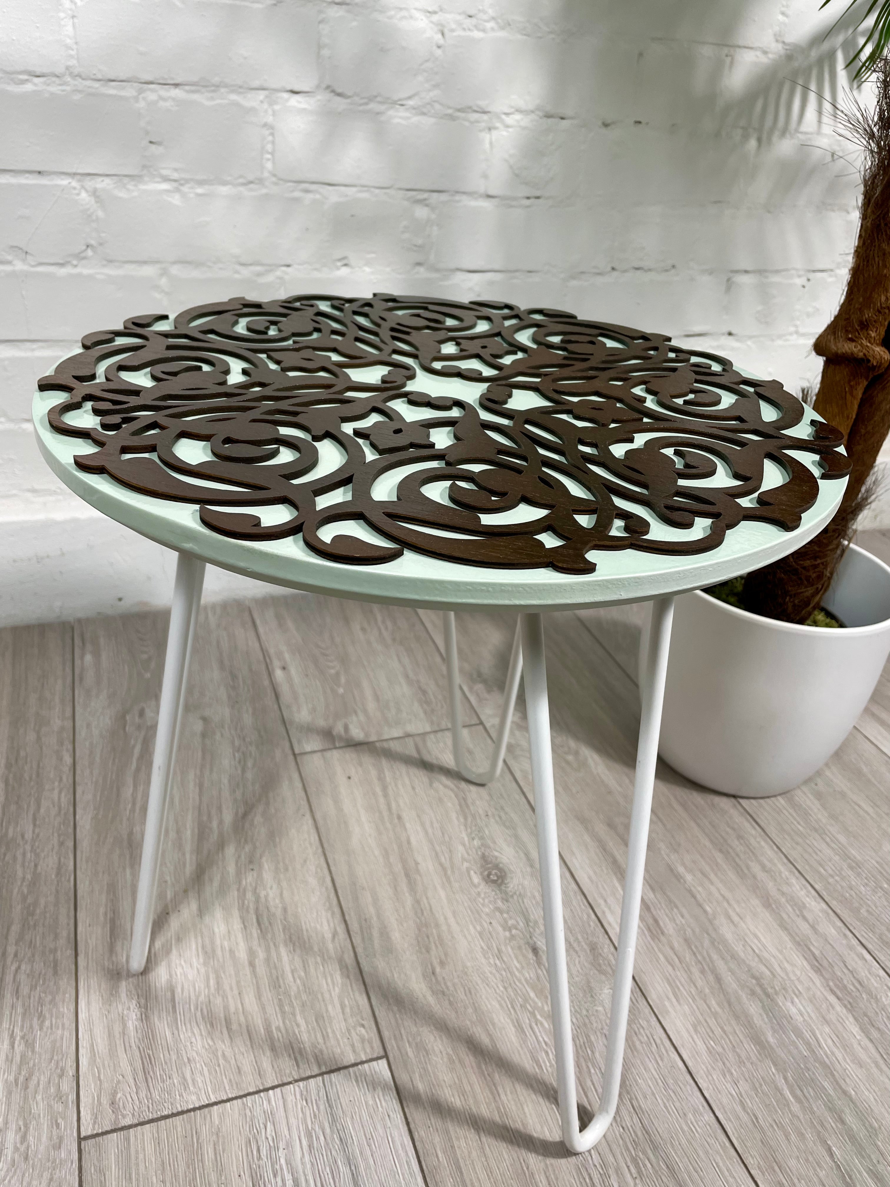 Arabesque Moroccan Side Table in Pastel Green and Walnut Finish Pin Legs Zellige Table Glass Top