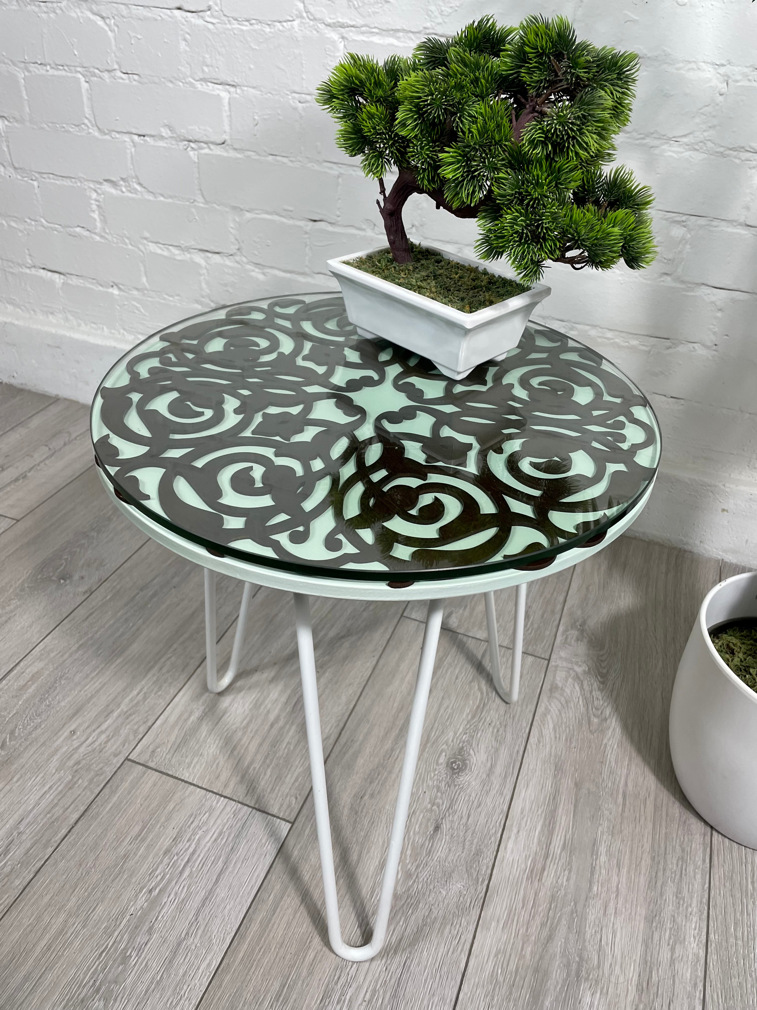 Arabesque Moroccan Side Table in Pastel Green and Walnut Finish Pin Legs Zellige Table Glass Top