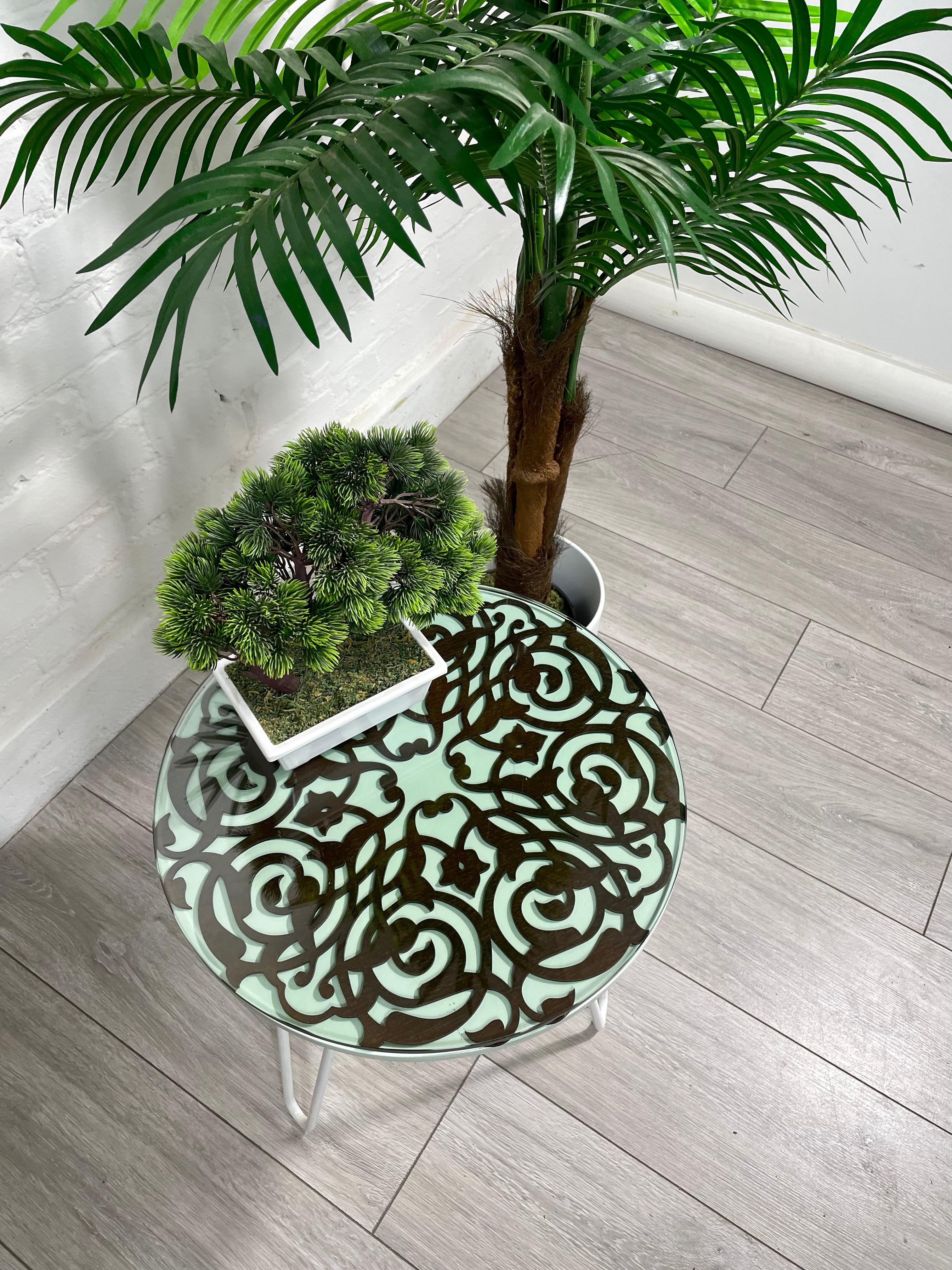 Green Pastel and Walnut finish side table with Arabesque fret work, glass top and Pin legs
