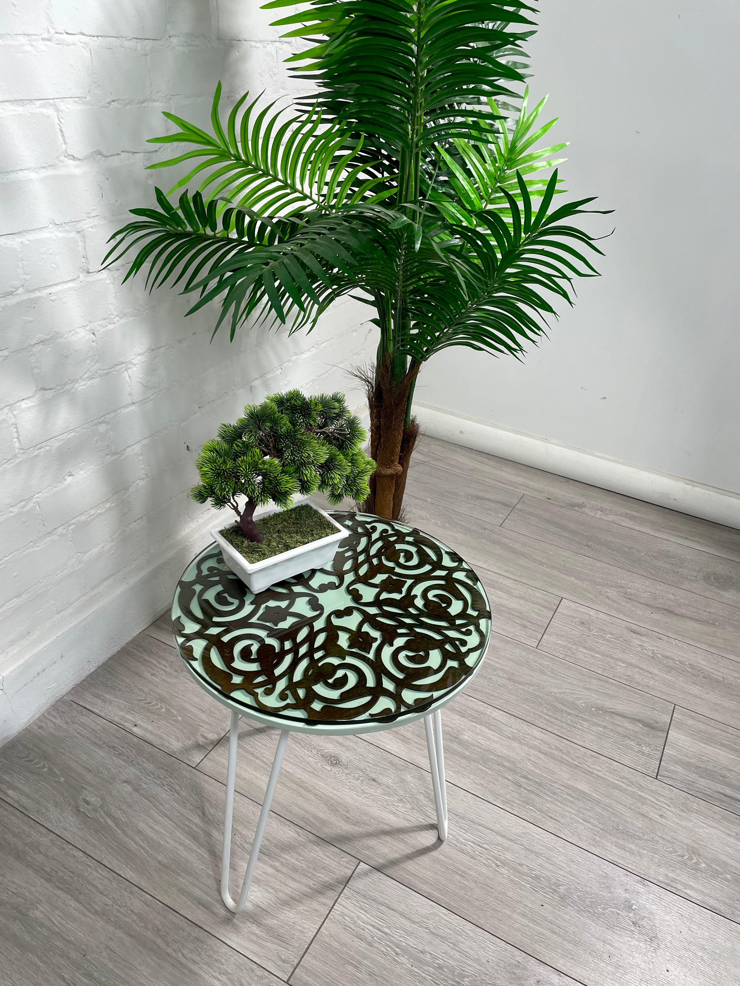 Green Pastel and Walnut finish side table with Arabesque fret work, glass top and Pin legs