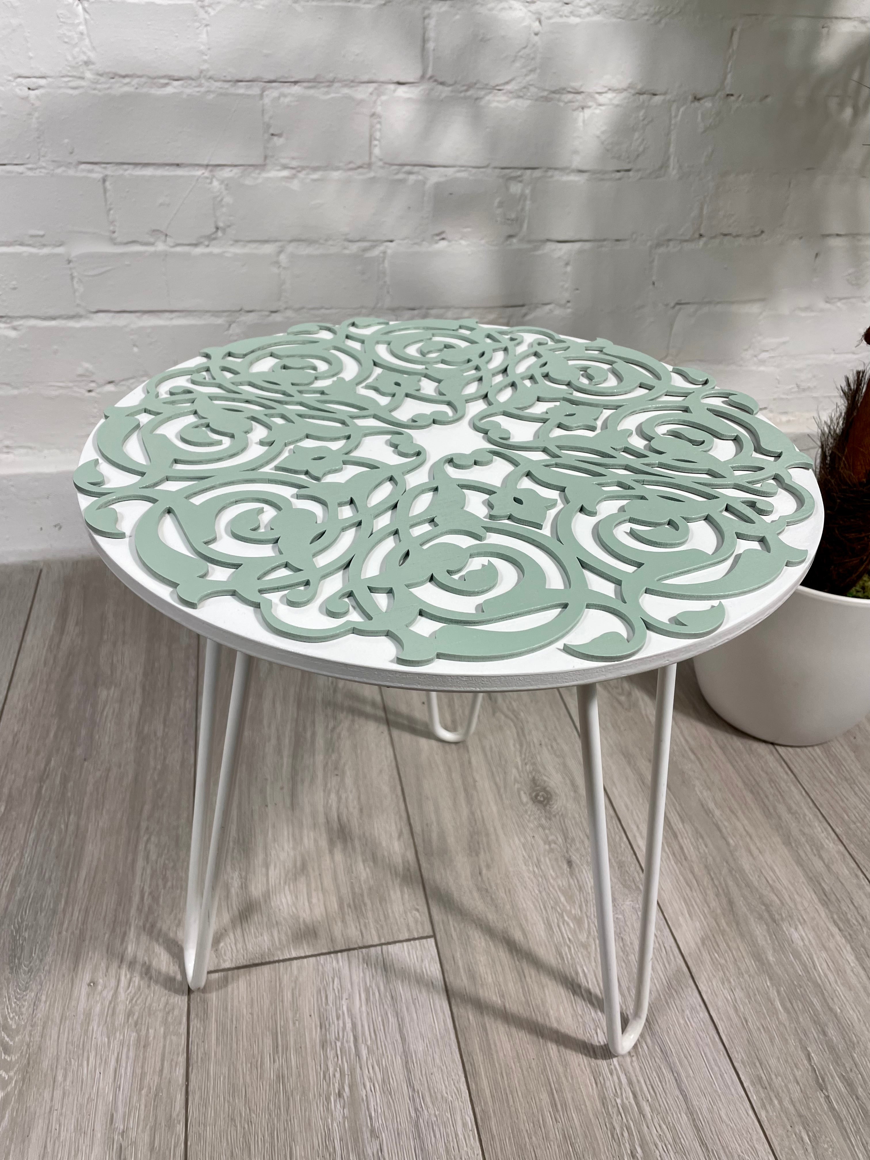 Arabesque Moroccan Side Table in Pastel Green and White Finish Pin Legs Zellige Table Glass Top