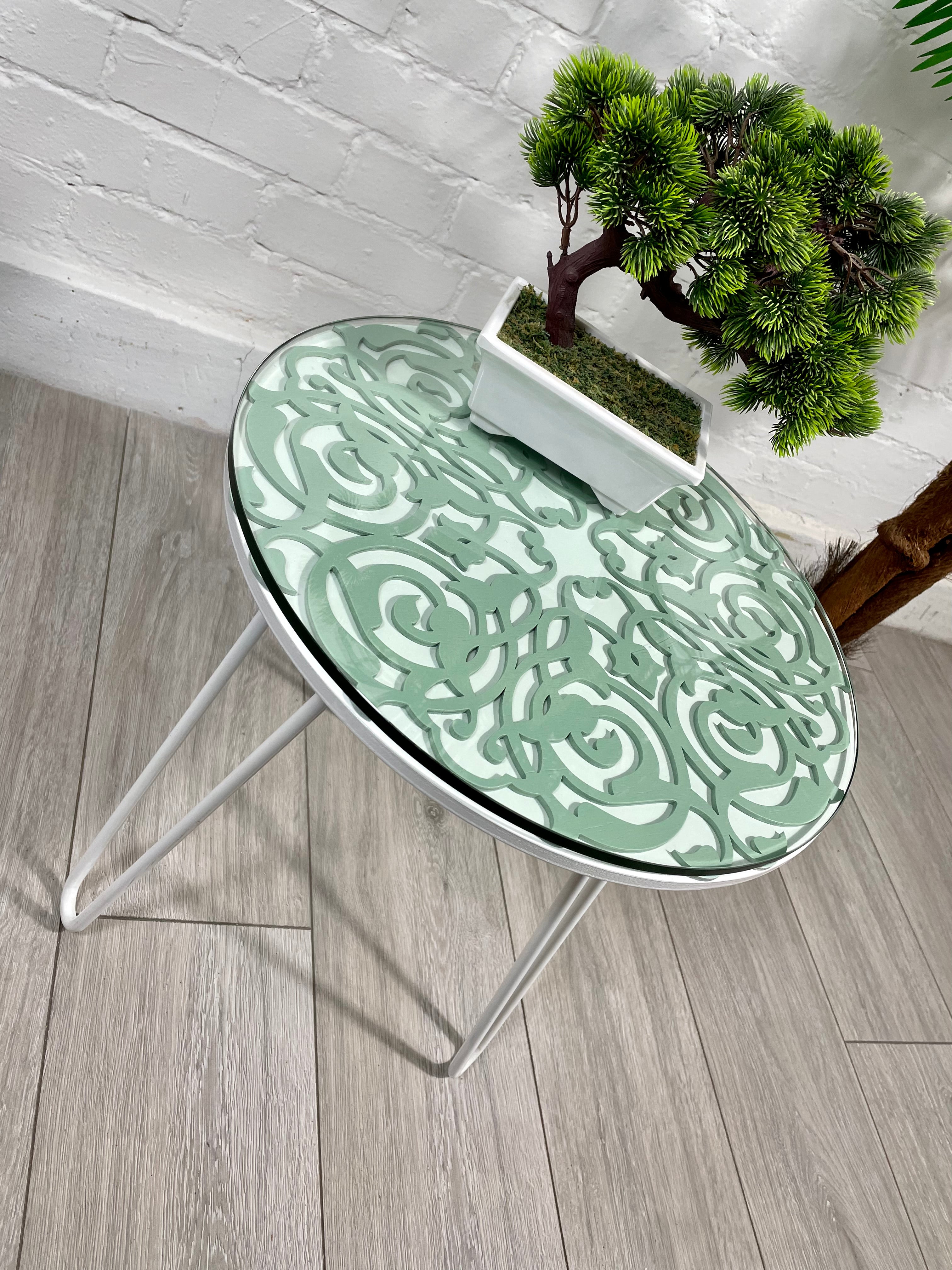 Arabesque Moroccan Side Table in Pastel Green and White Finish Pin Legs Zellige Table Glass Top