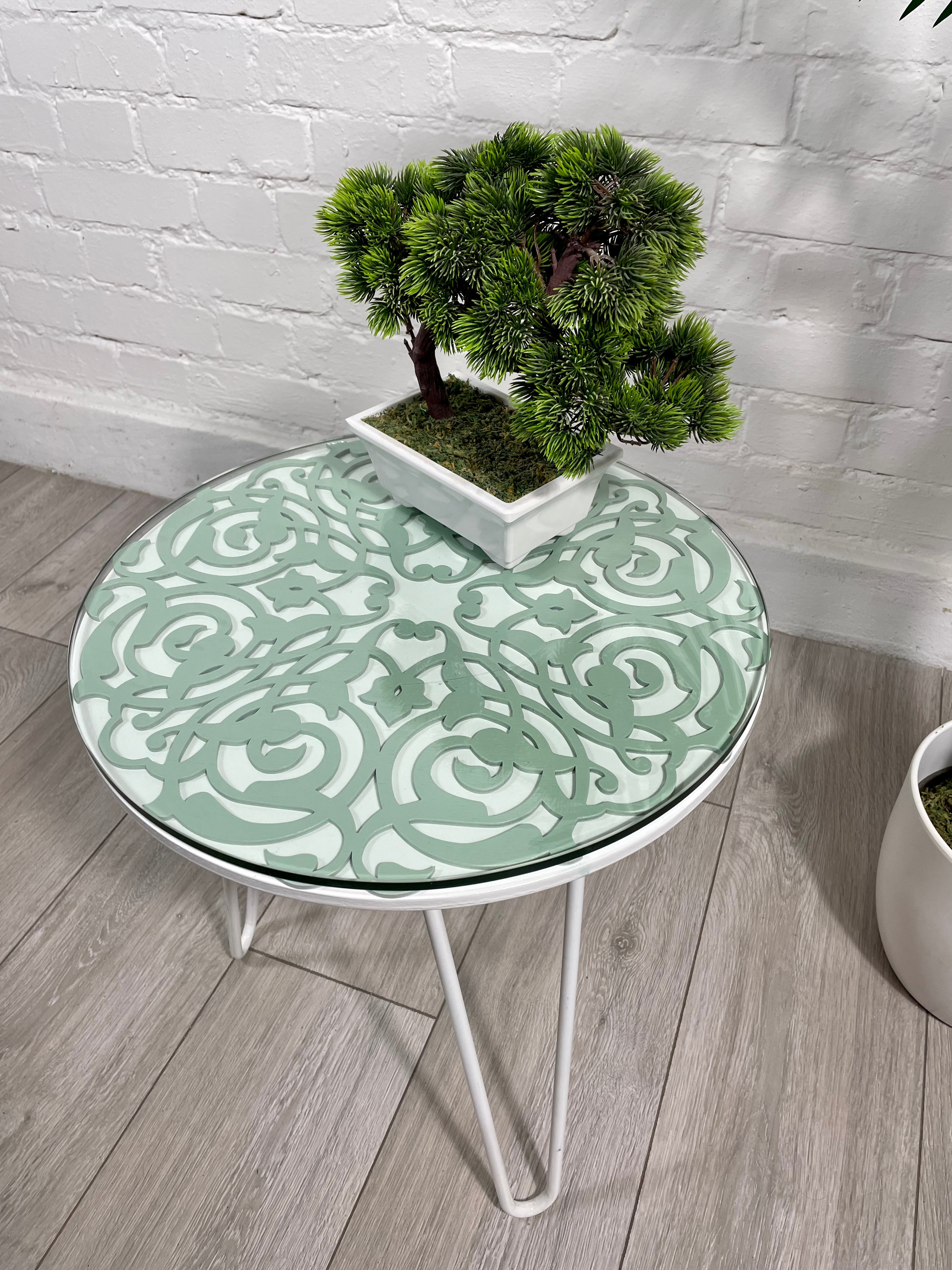 Arabesque Moroccan Side Table in Pastel Green and White Finish Pin Legs Zellige Table Glass Top