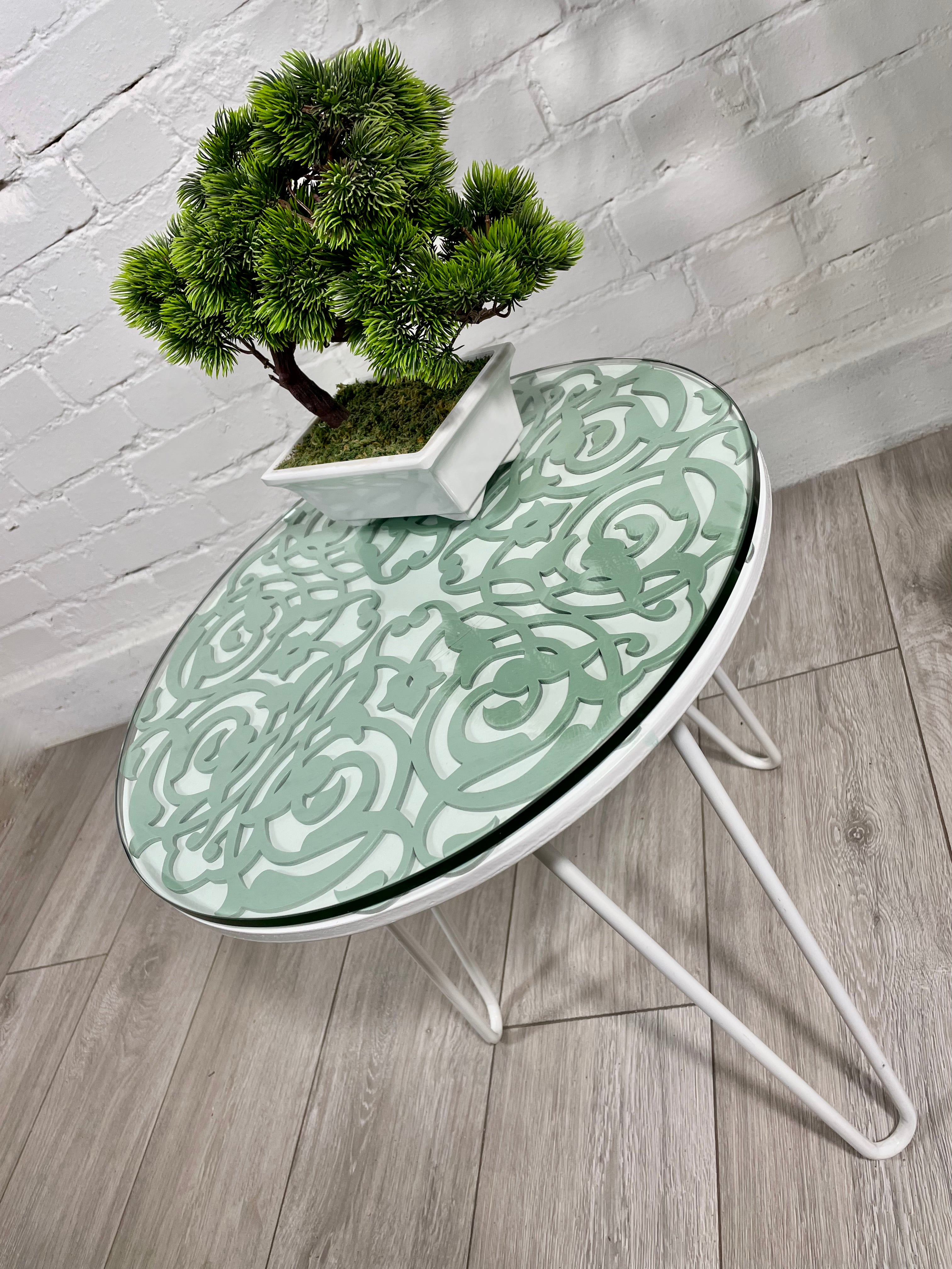 Arabesque Moroccan Side Table in Pastel Green and White Finish Pin Legs Zellige Table Glass Top