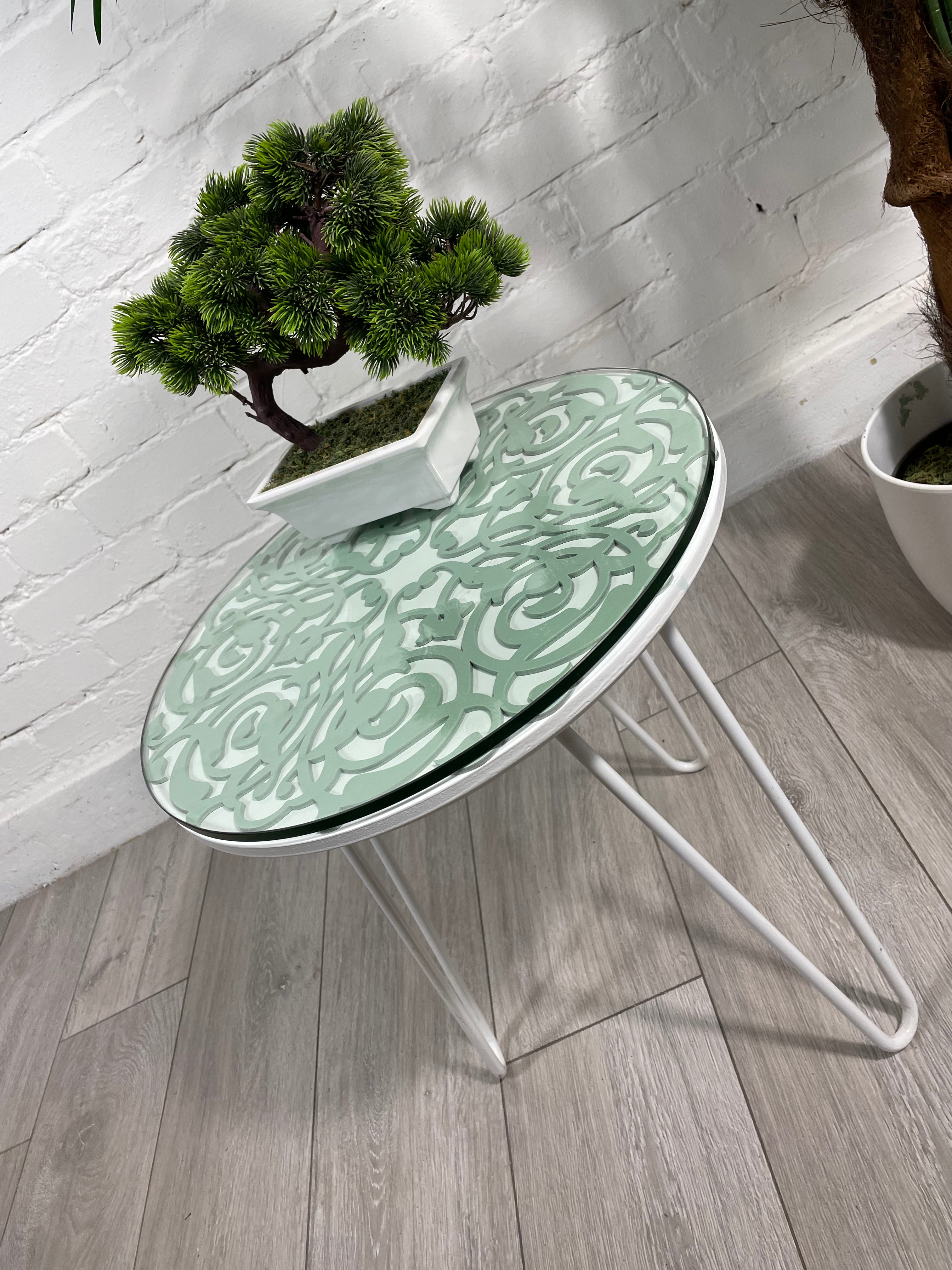 Arabesque Moroccan Side Table in Pastel Green and White Finish Pin Legs Zellige Table Glass Top
