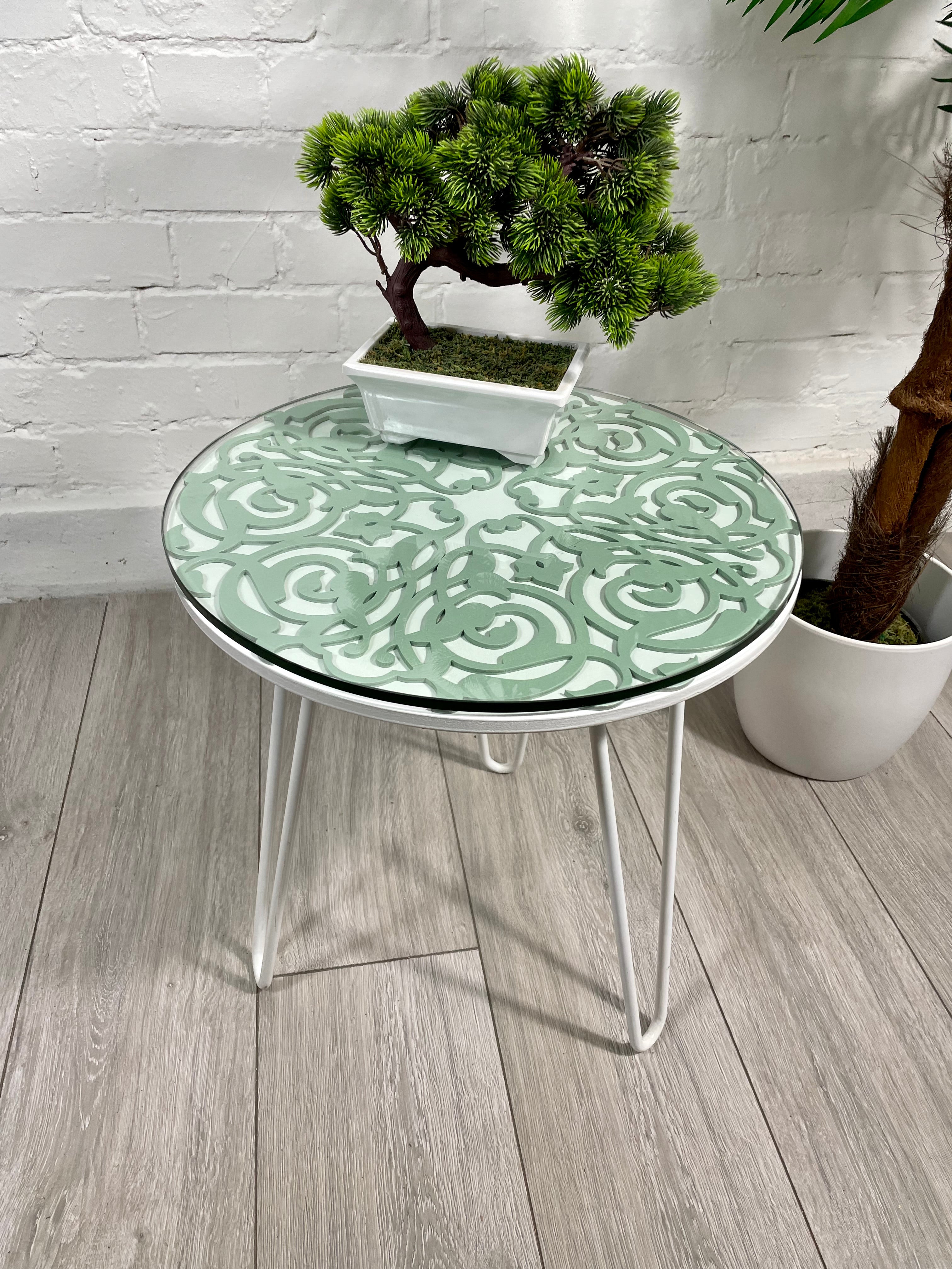Arabesque Moroccan Side Table in Pastel Green and White Finish Pin Legs Zellige Table Glass Top