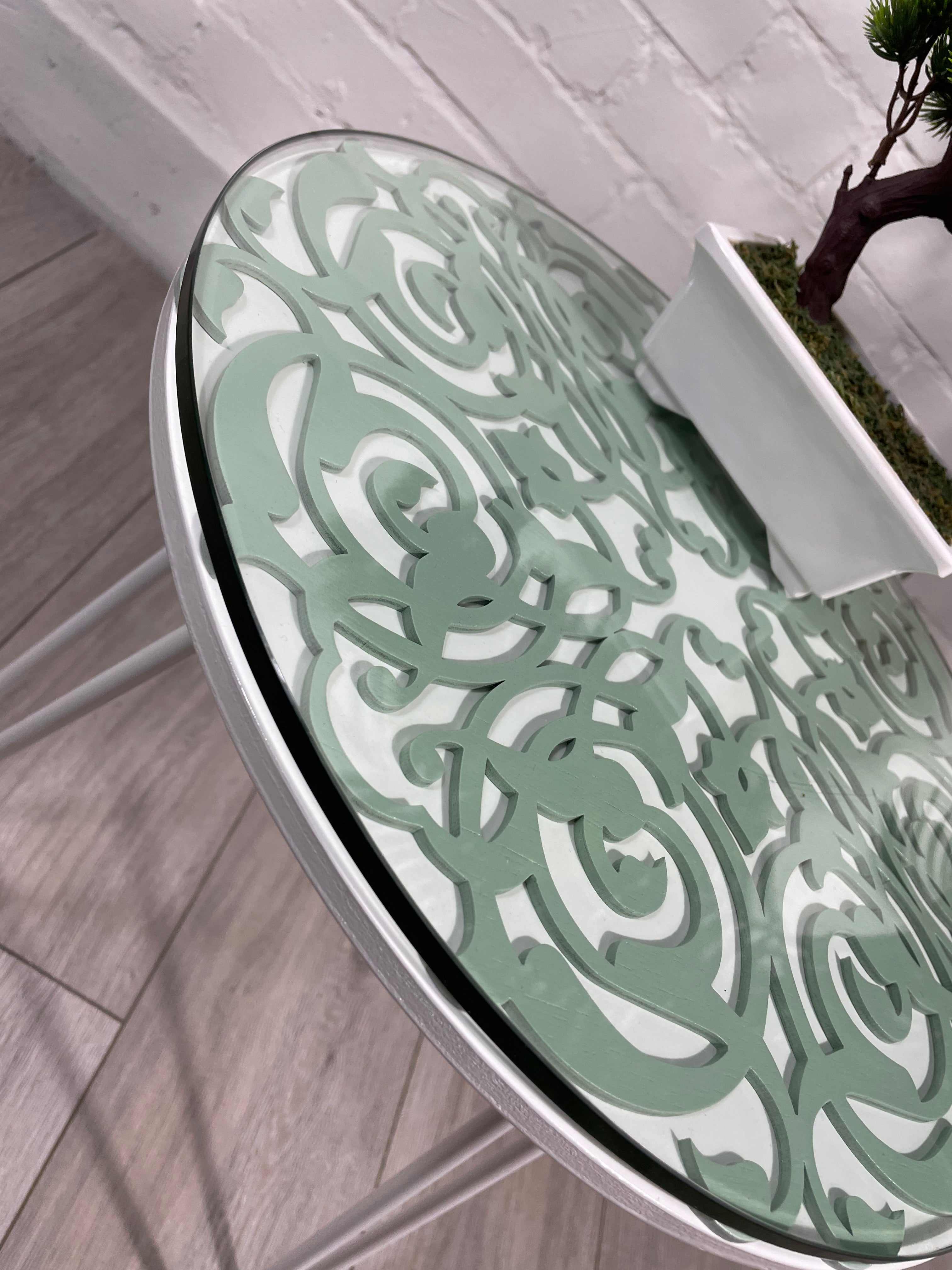 Arabesque Moroccan Side Table in Pastel Green and White Finish Pin Legs Zellige Table Glass Top