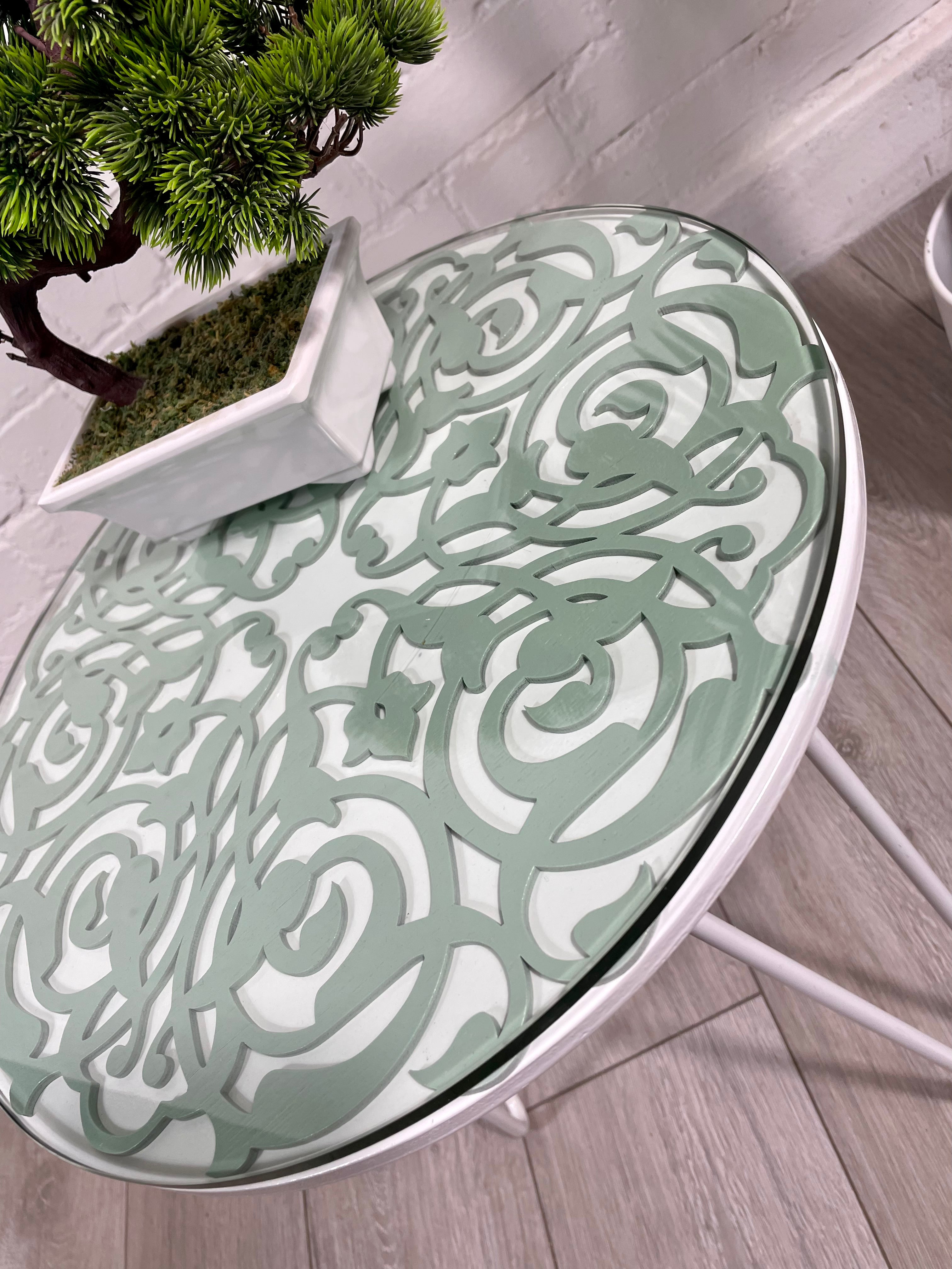 Arabesque Moroccan Side Table in Pastel Green and White Finish Pin Legs Zellige Table Glass Top