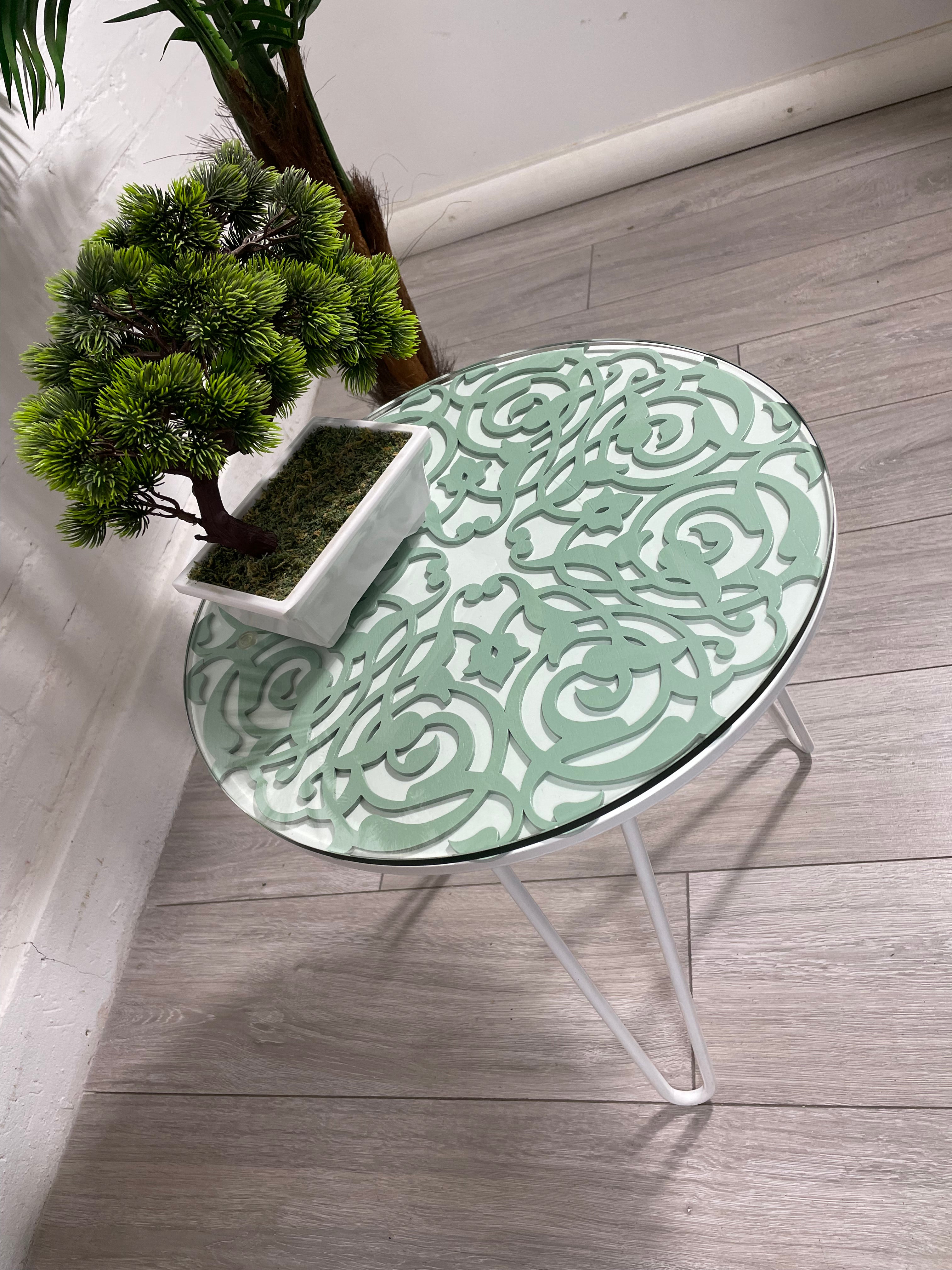 Arabesque Moroccan Side Table in Pastel Green and White Finish Pin Legs Zellige Table Glass Top