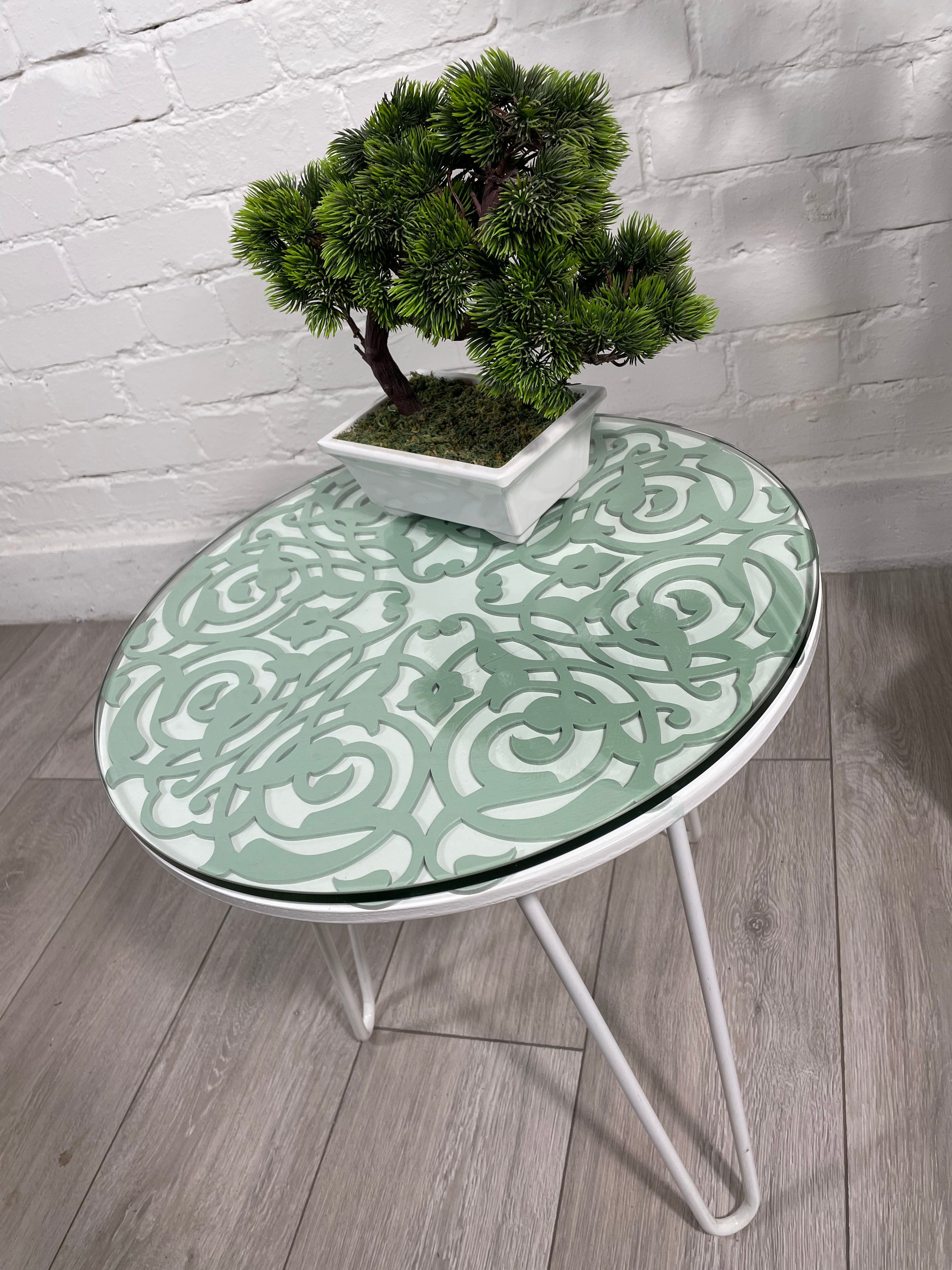 Arabesque Moroccan Side Table in Pastel Green and White Finish Pin Legs Zellige Table Glass Top