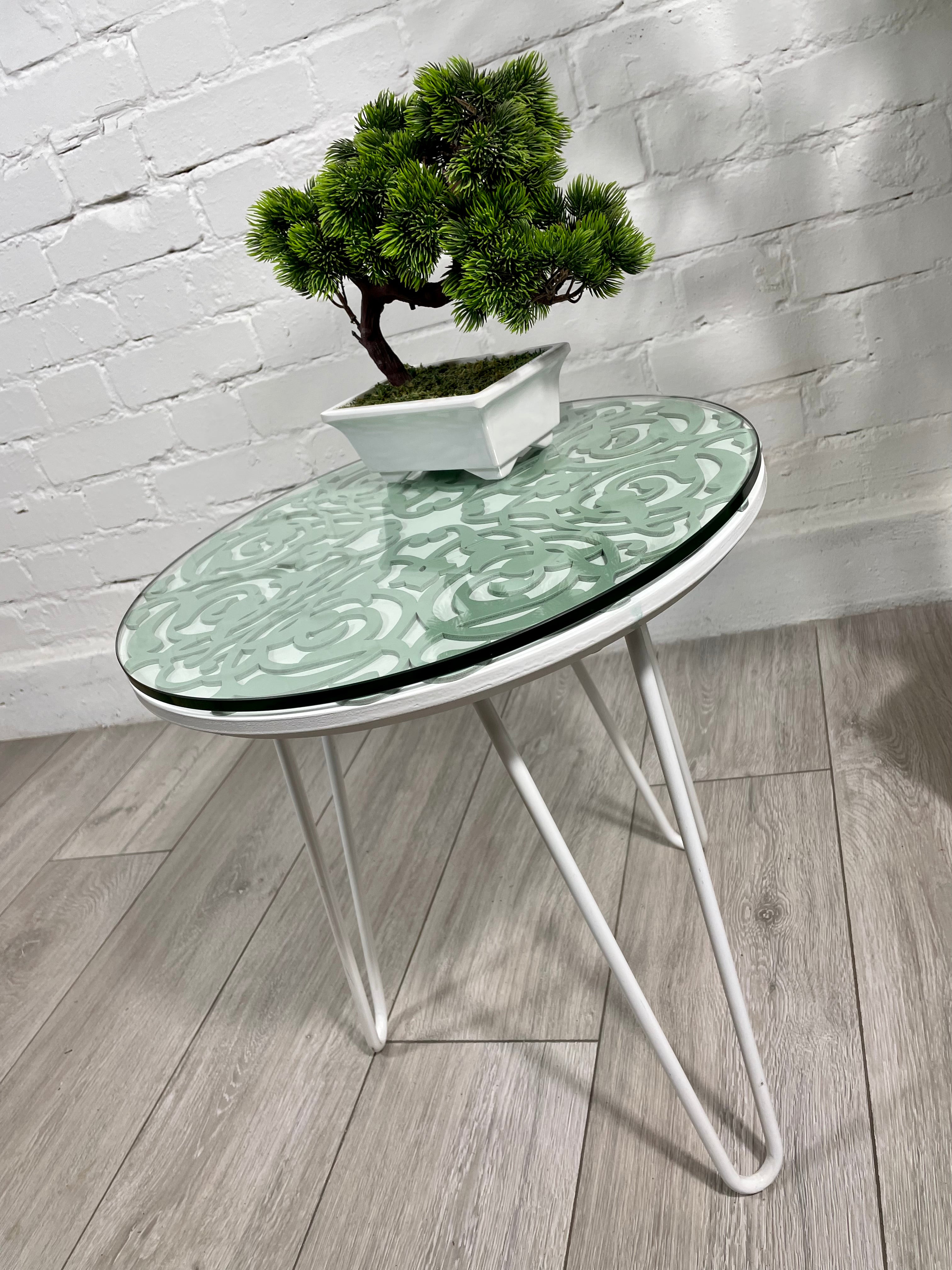 Arabesque Moroccan Side Table in Pastel Green and White Finish Pin Legs Zellige Table Glass Top