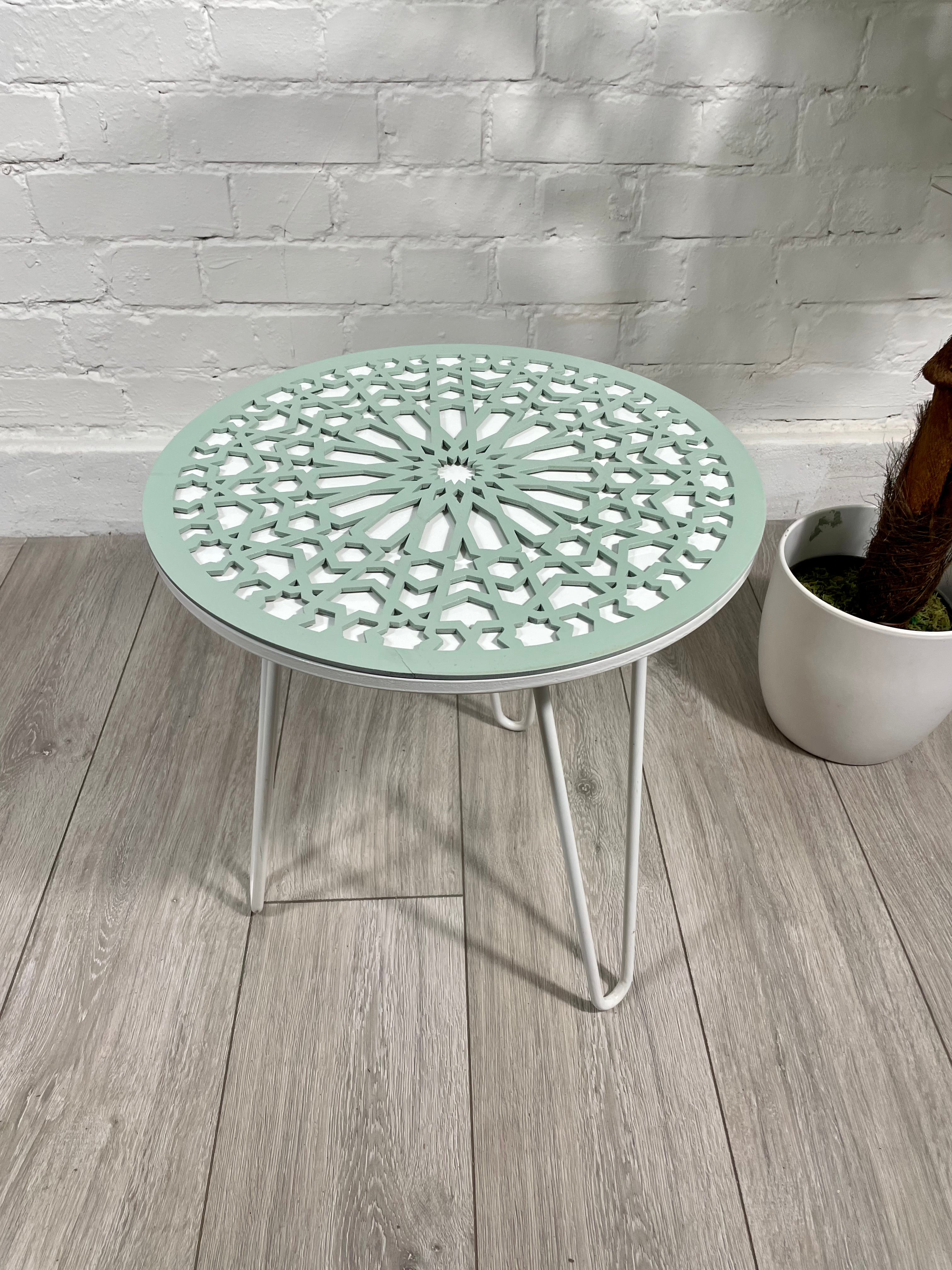Moroccan Mosaic Side Table Pin Legs, Zellige Table Green Pastel and White with Glass Top