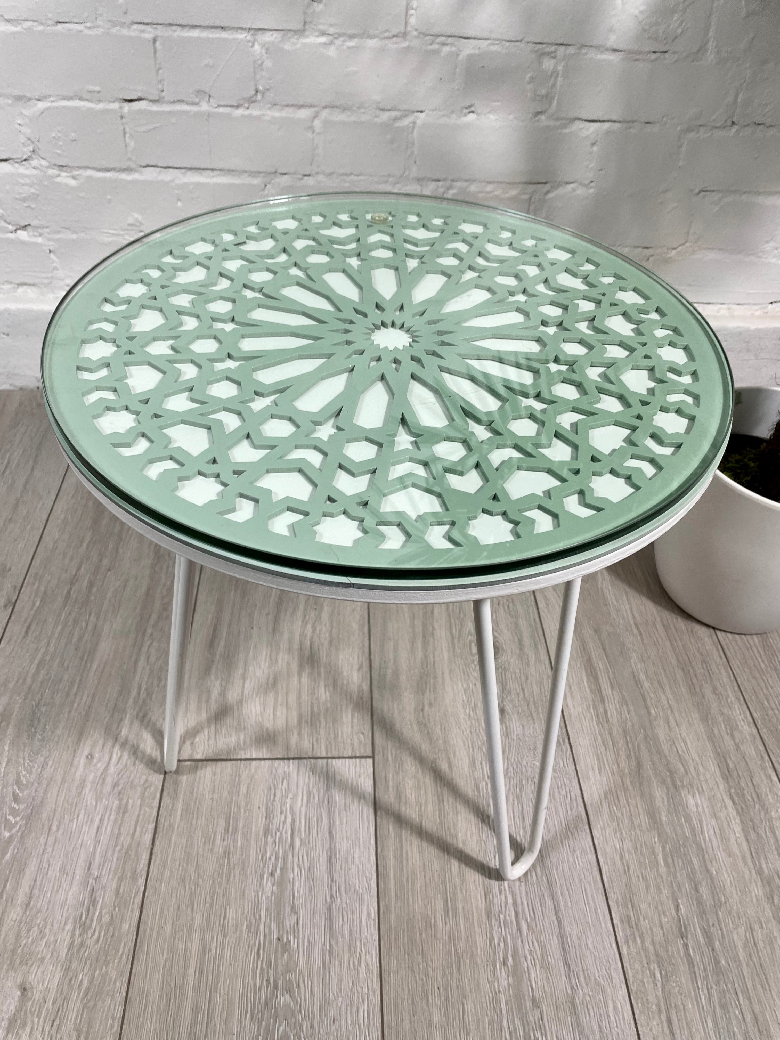 Moroccan Mosaic Side Table Pin Legs, Zellige Table Green Pastel and White with Glass Top