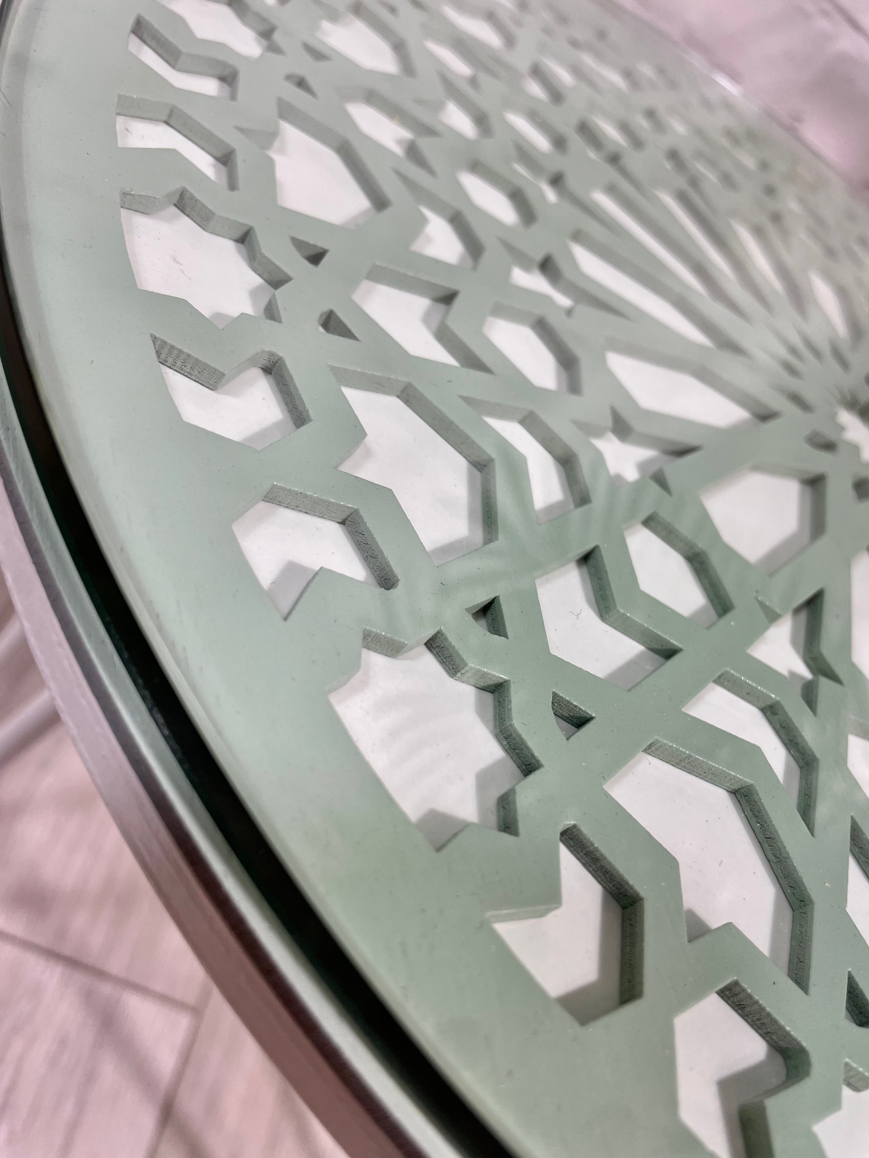 Moroccan Mosaic Side Table Pin Legs, Zellige Table Green Pastel and White with Glass Top