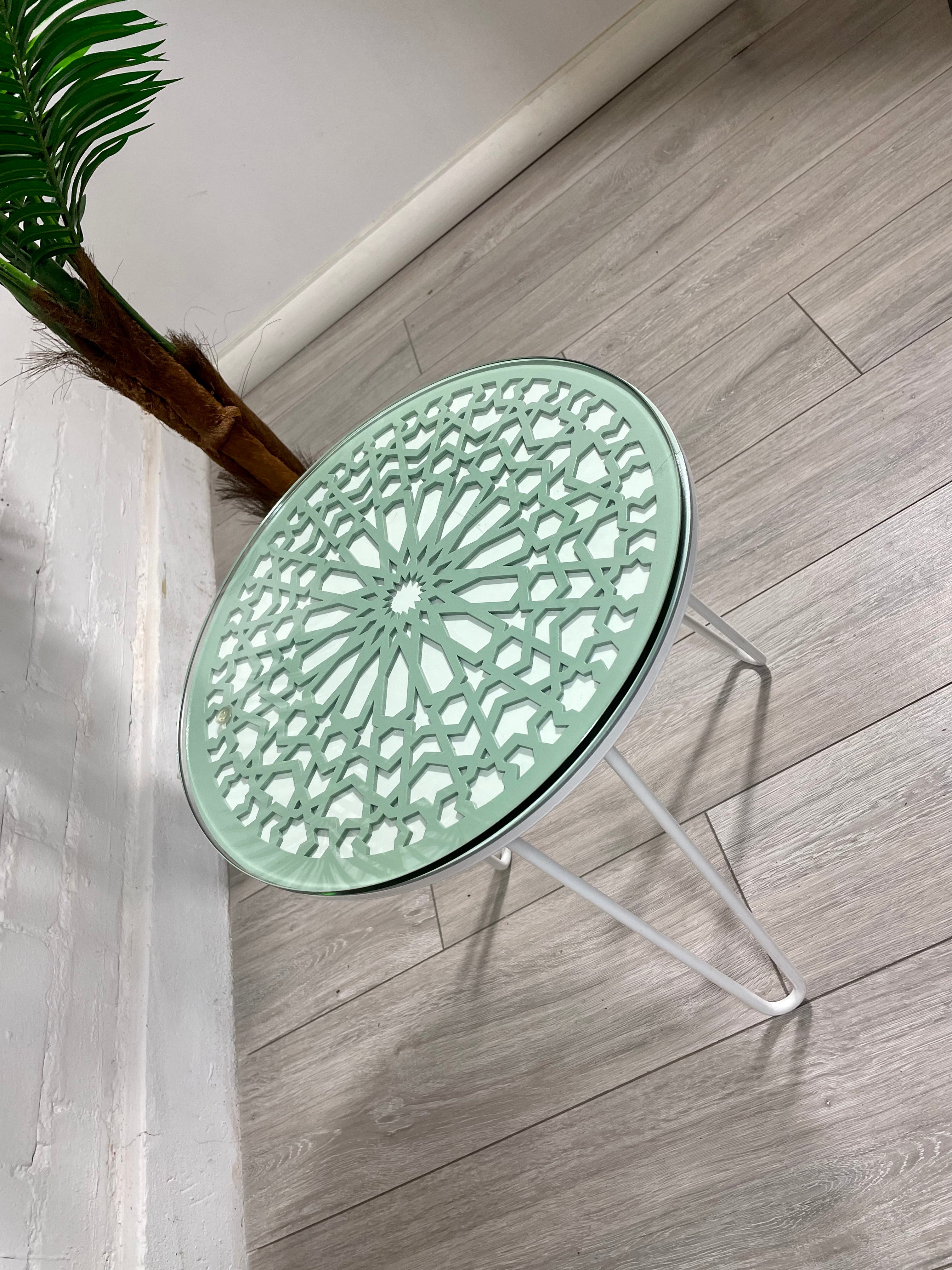 Moroccan Mosaic Side Table Pin Legs, Zellige Table Green Pastel and White with Glass Top