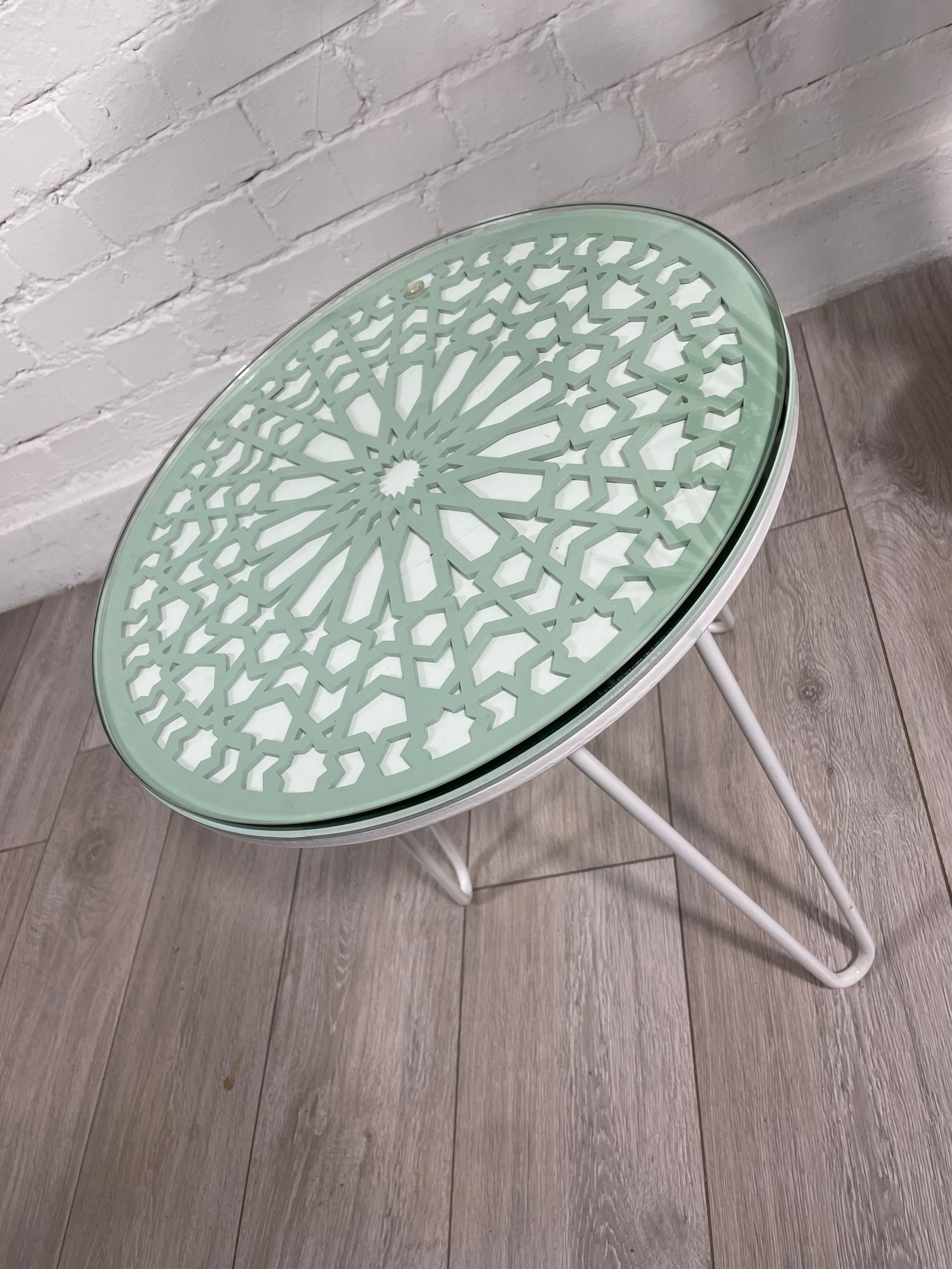 Moroccan Mosaic Side Table Pin Legs, Zellige Table Green Pastel and White with Glass Top