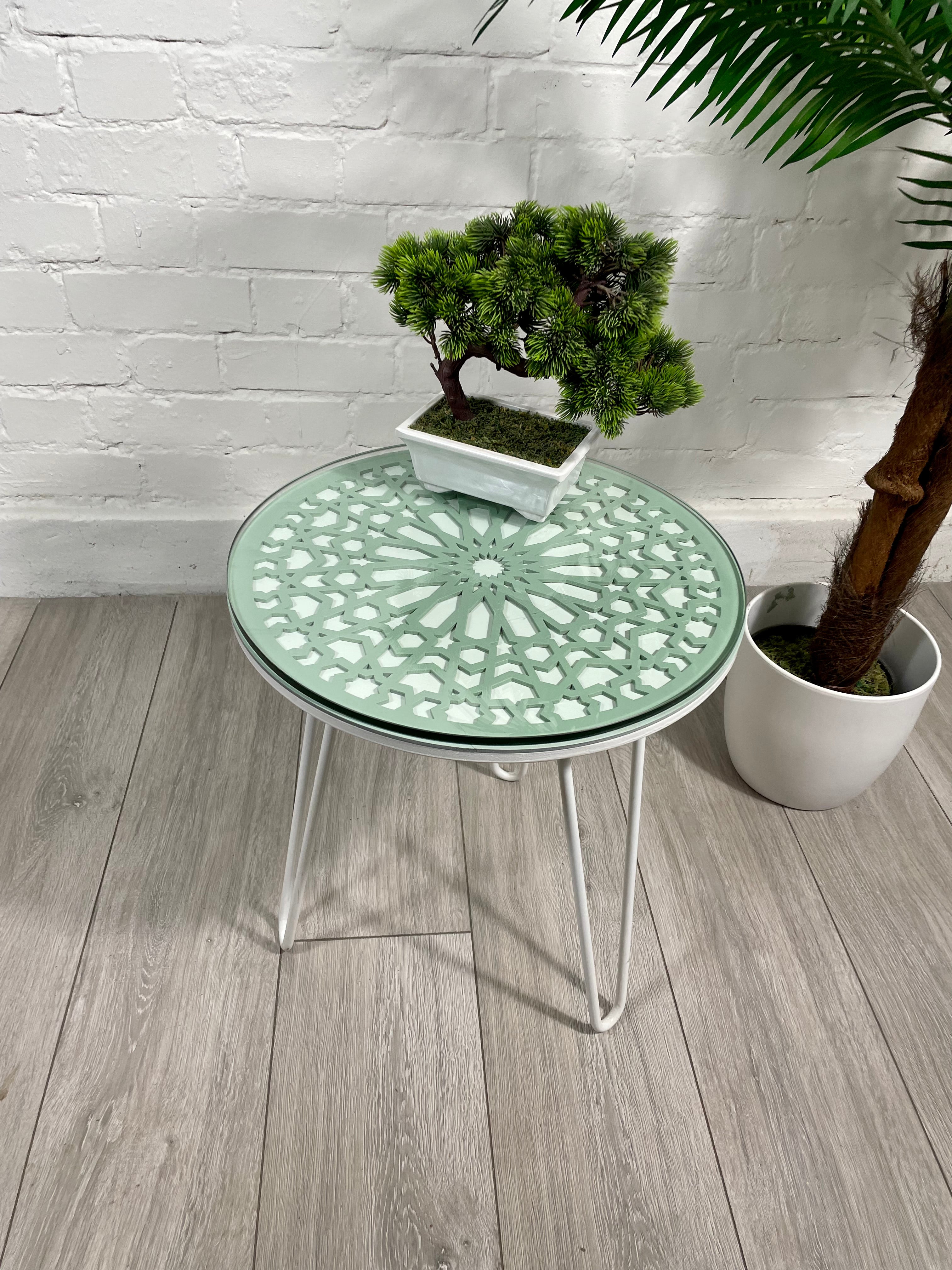 Moroccan Mosaic Side Table Pin Legs, Zellige Table Green Pastel and White with Glass Top