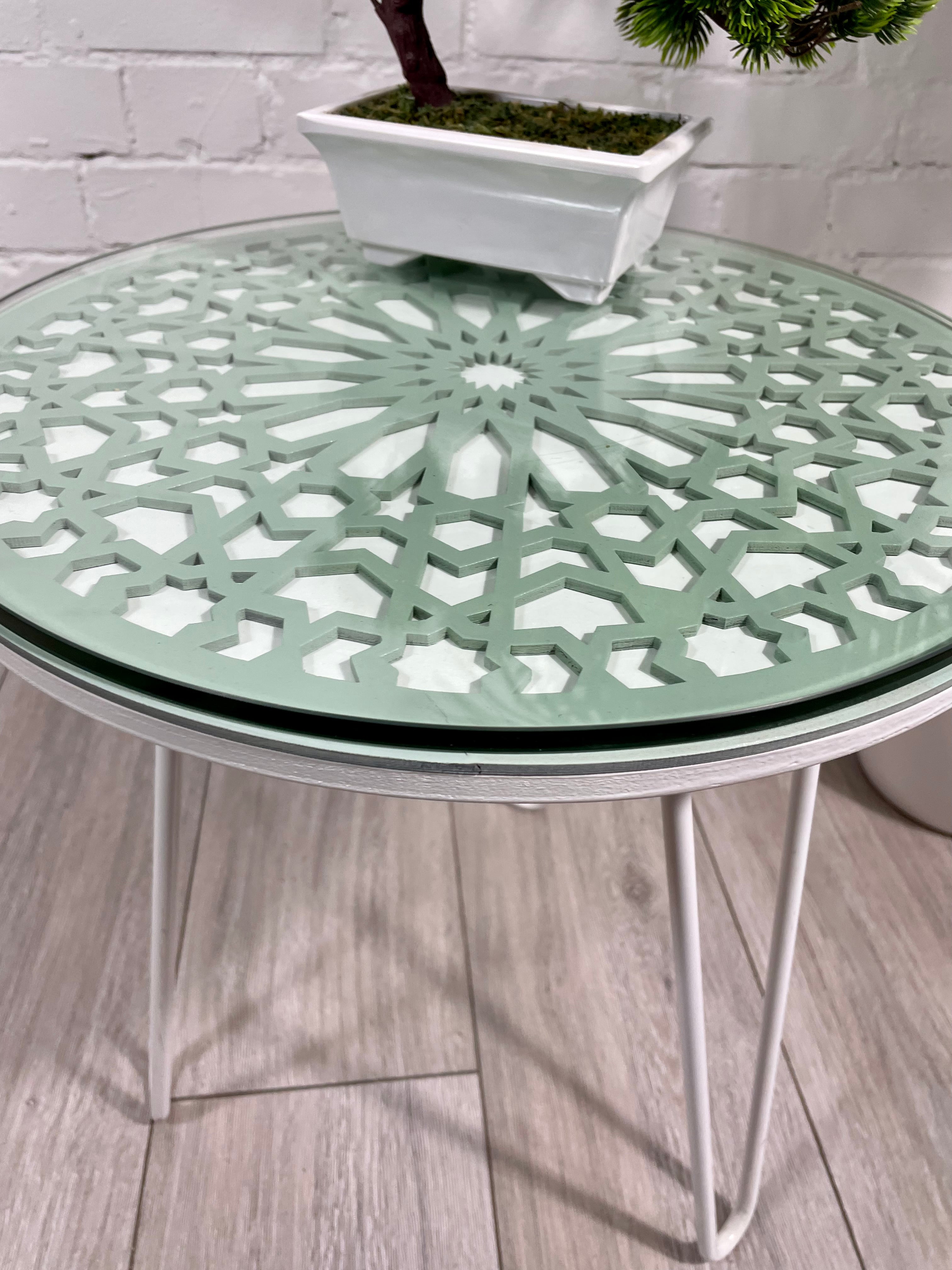 Moroccan Mosaic Side Table Pin Legs, Zellige Table Green Pastel and White with Glass Top