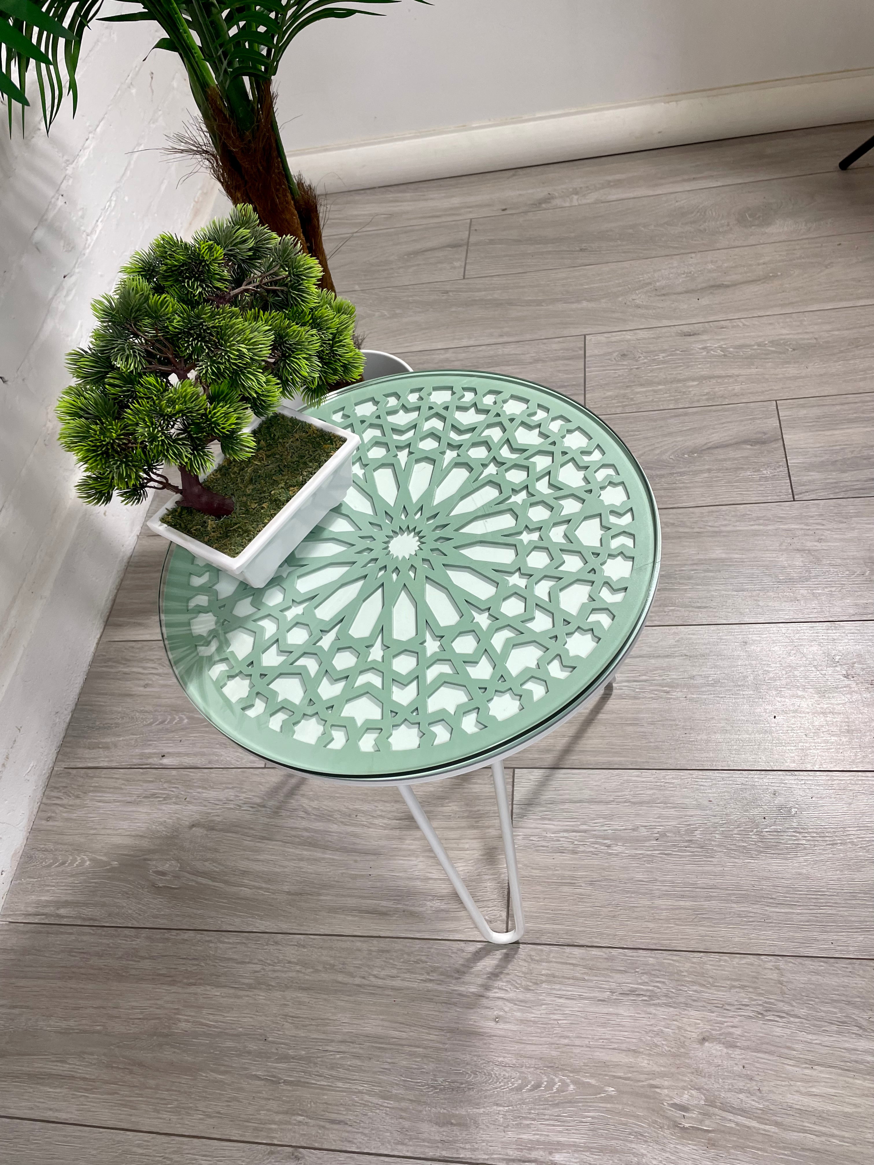 Moroccan Mosaic Side Table Pin Legs, Zellige Table Green Pastel and White with Glass Top