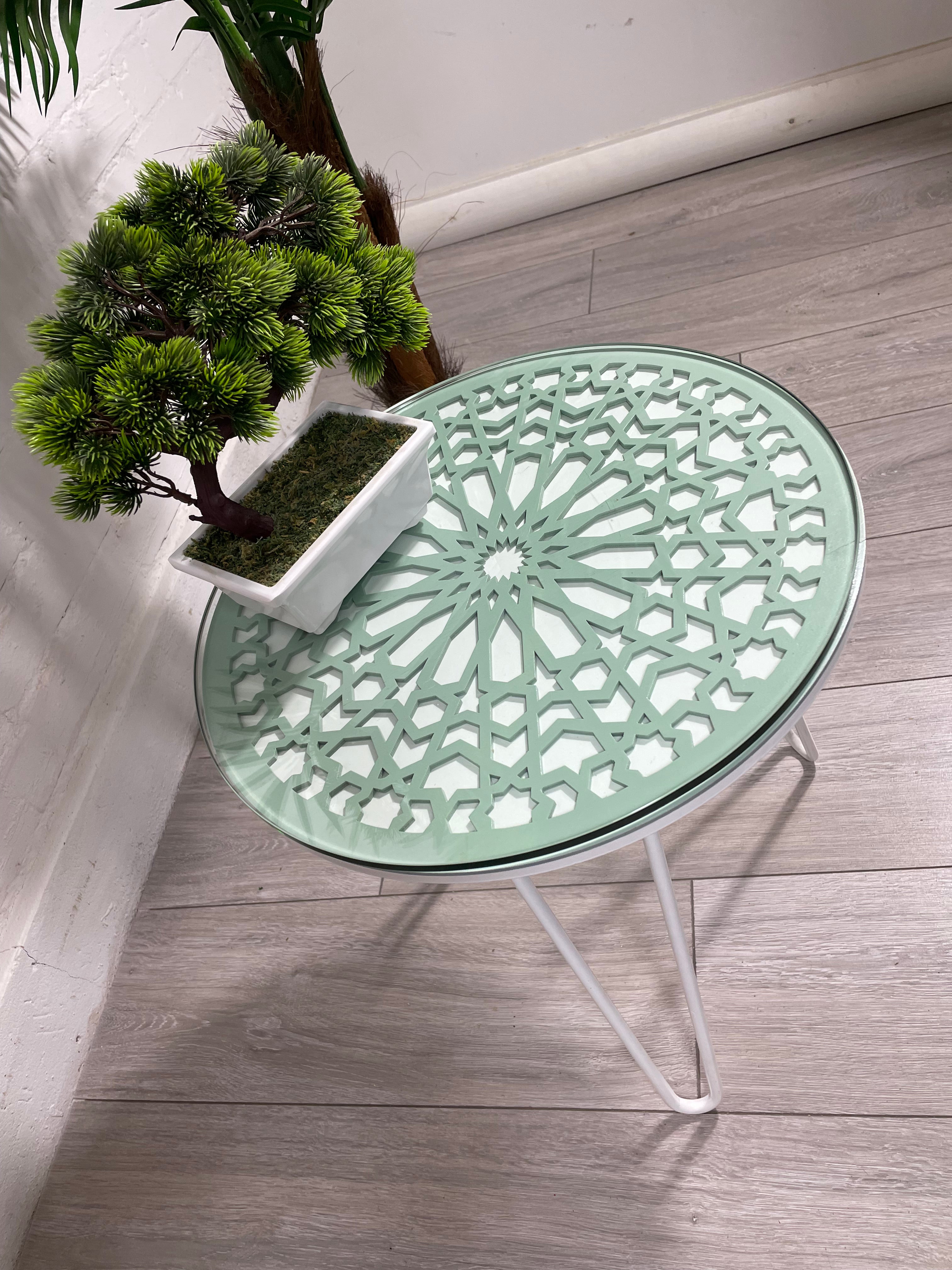Moroccan Mosaic Side Table Pin Legs, Zellige Table Green Pastel and White with Glass Top