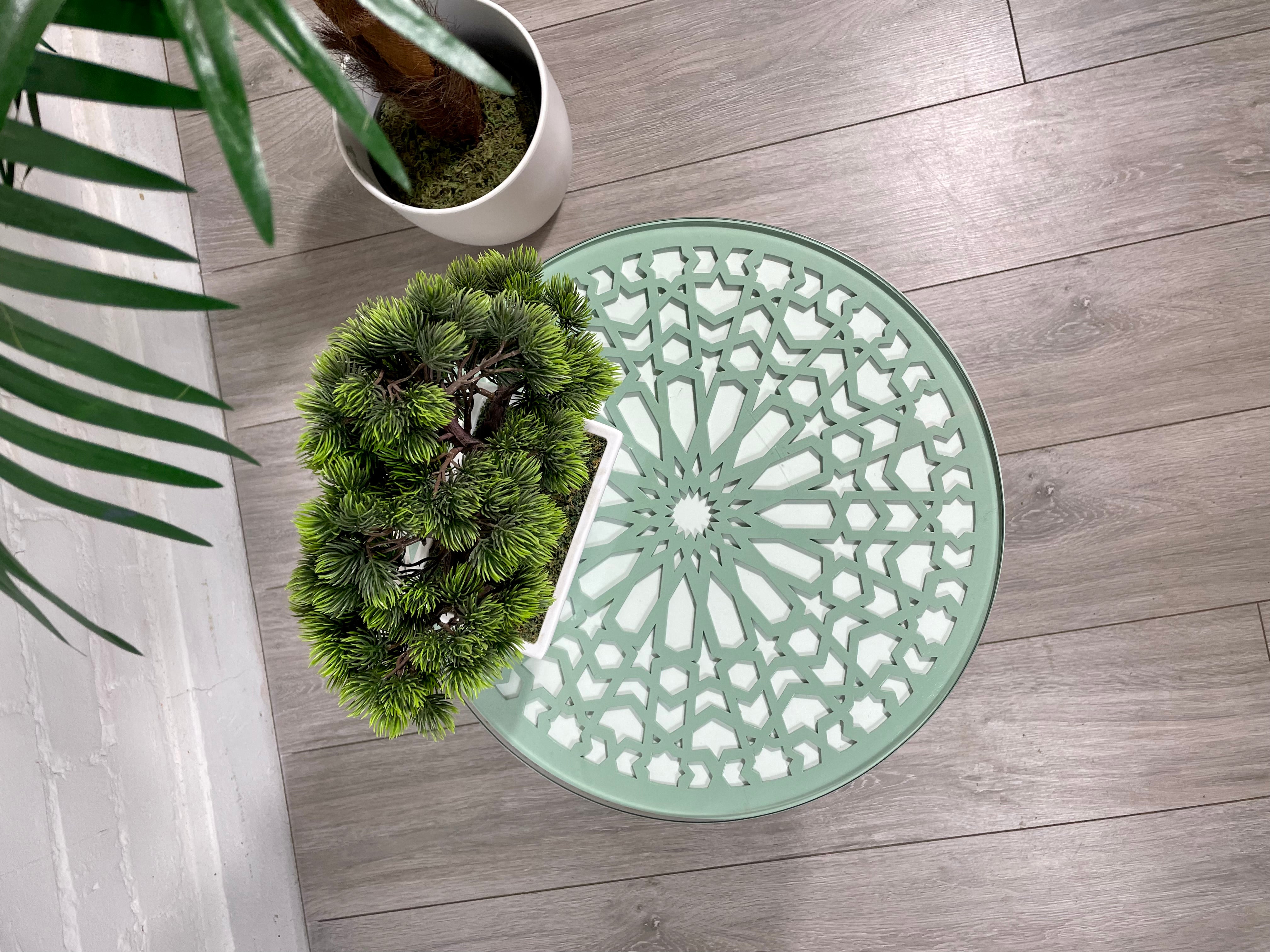 Moroccan Mosaic Side Table Pin Legs, Zellige Table Green Pastel and White with Glass Top