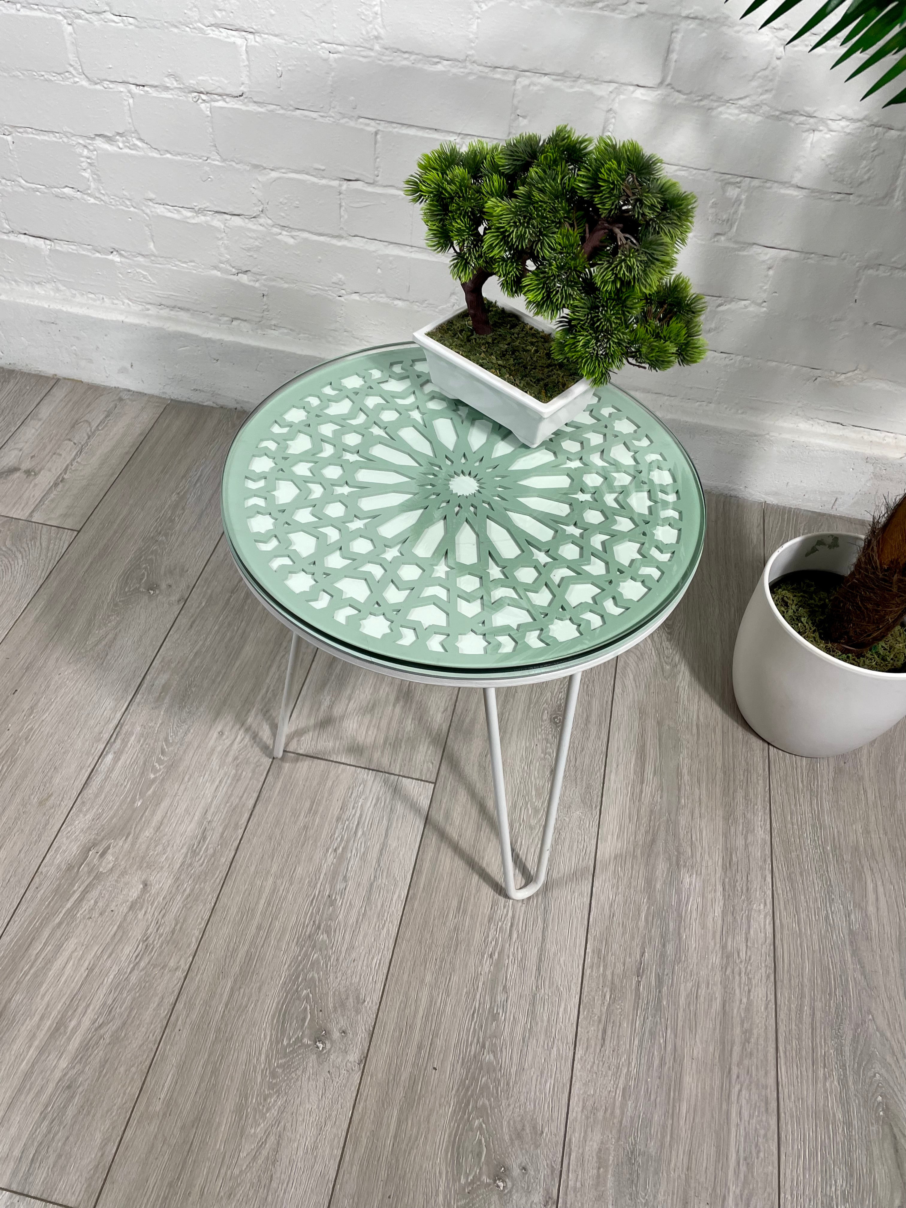 Moroccan Mosaic Side Table Pin Legs, Zellige Table Green Pastel and White with Glass Top