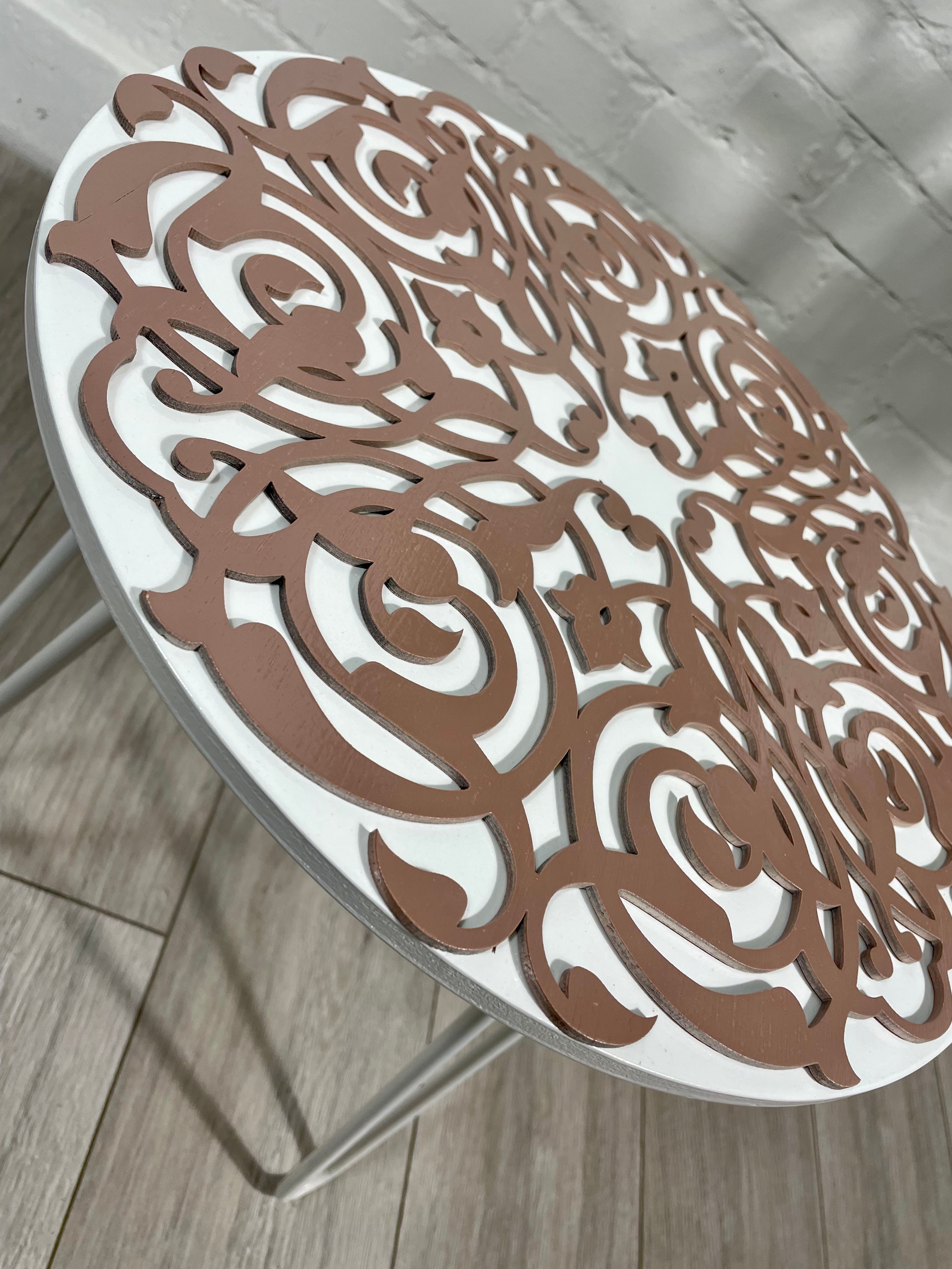 Arabesque Moroccan Side Table In White and Old Pink Finish Pin Legs Zellige Table Glass Top