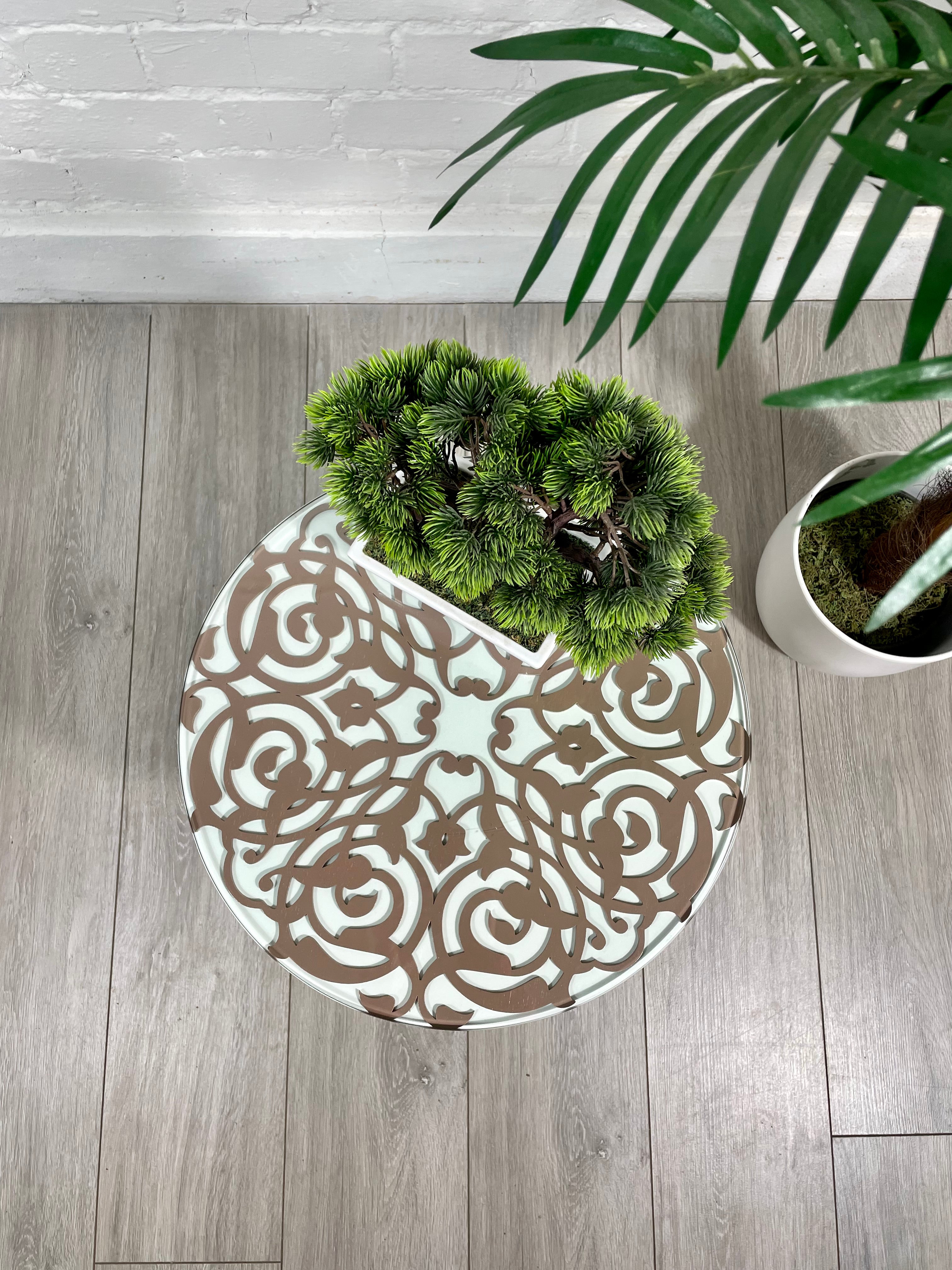 Arabesque Moroccan Side Table In White and Old Pink Finish Pin Legs Zellige Table Glass Top