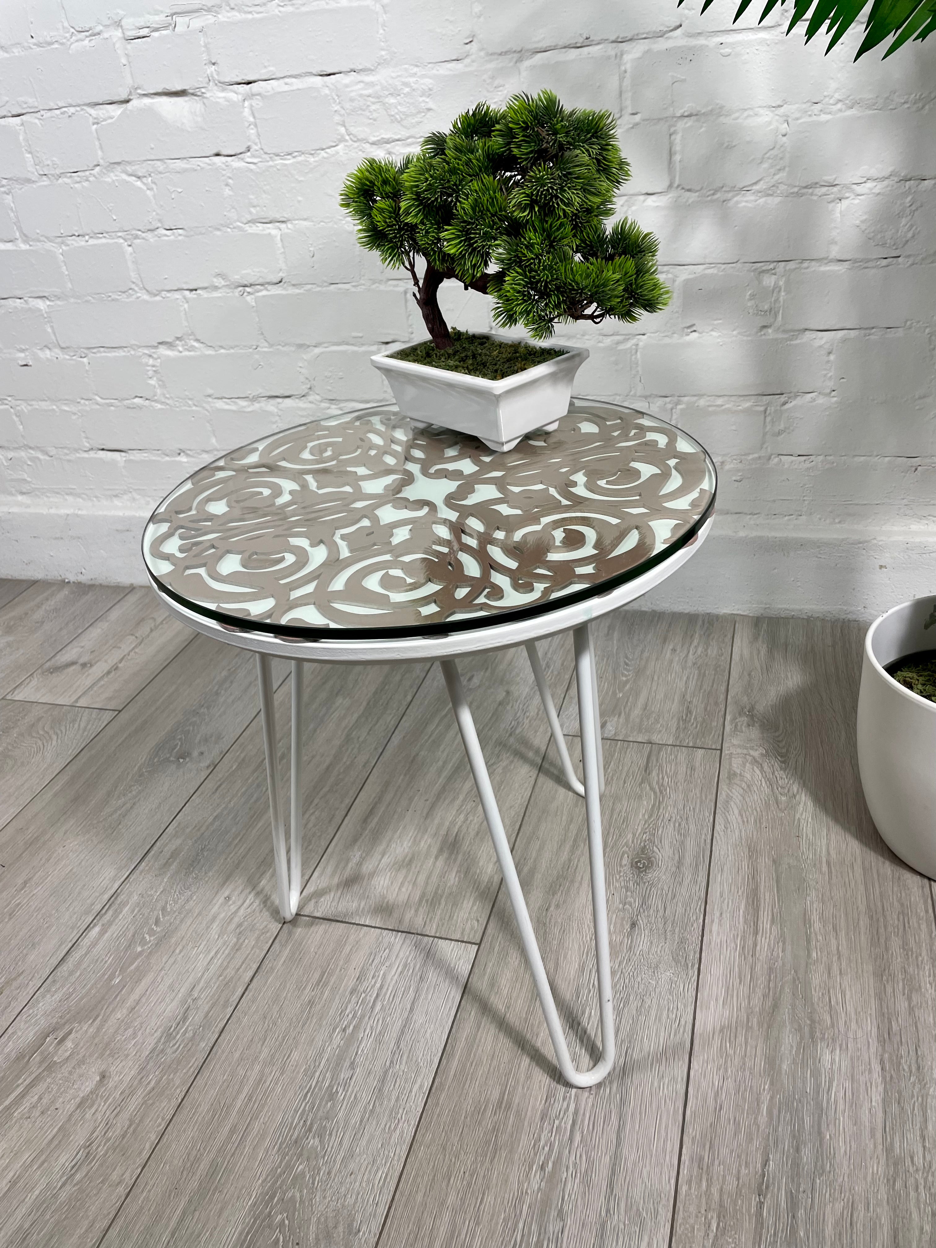 Arabesque Moroccan Side Table In White and Old Pink Finish Pin Legs Zellige Table Glass Top