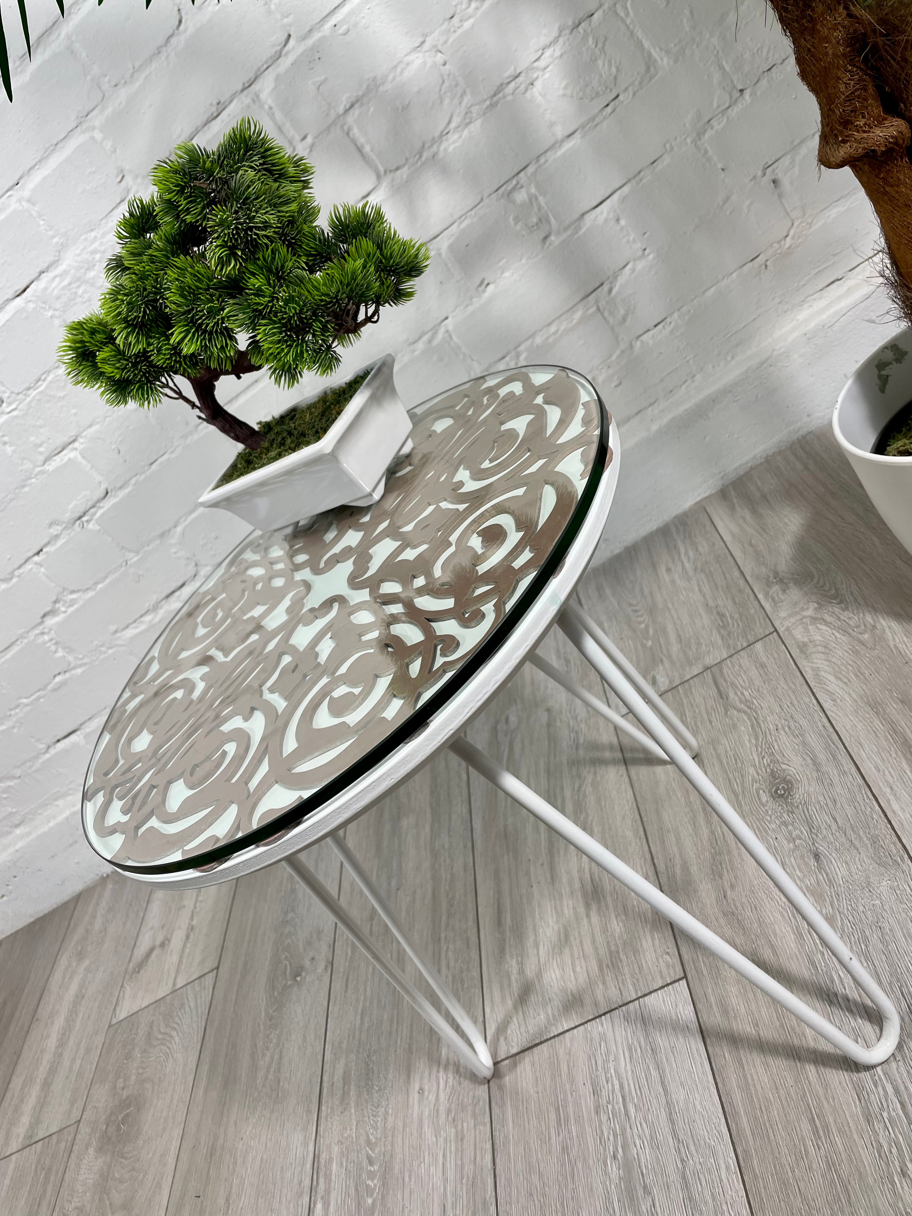 Arabesque Moroccan Side Table In White and Old Pink Finish Pin Legs Zellige Table Glass Top