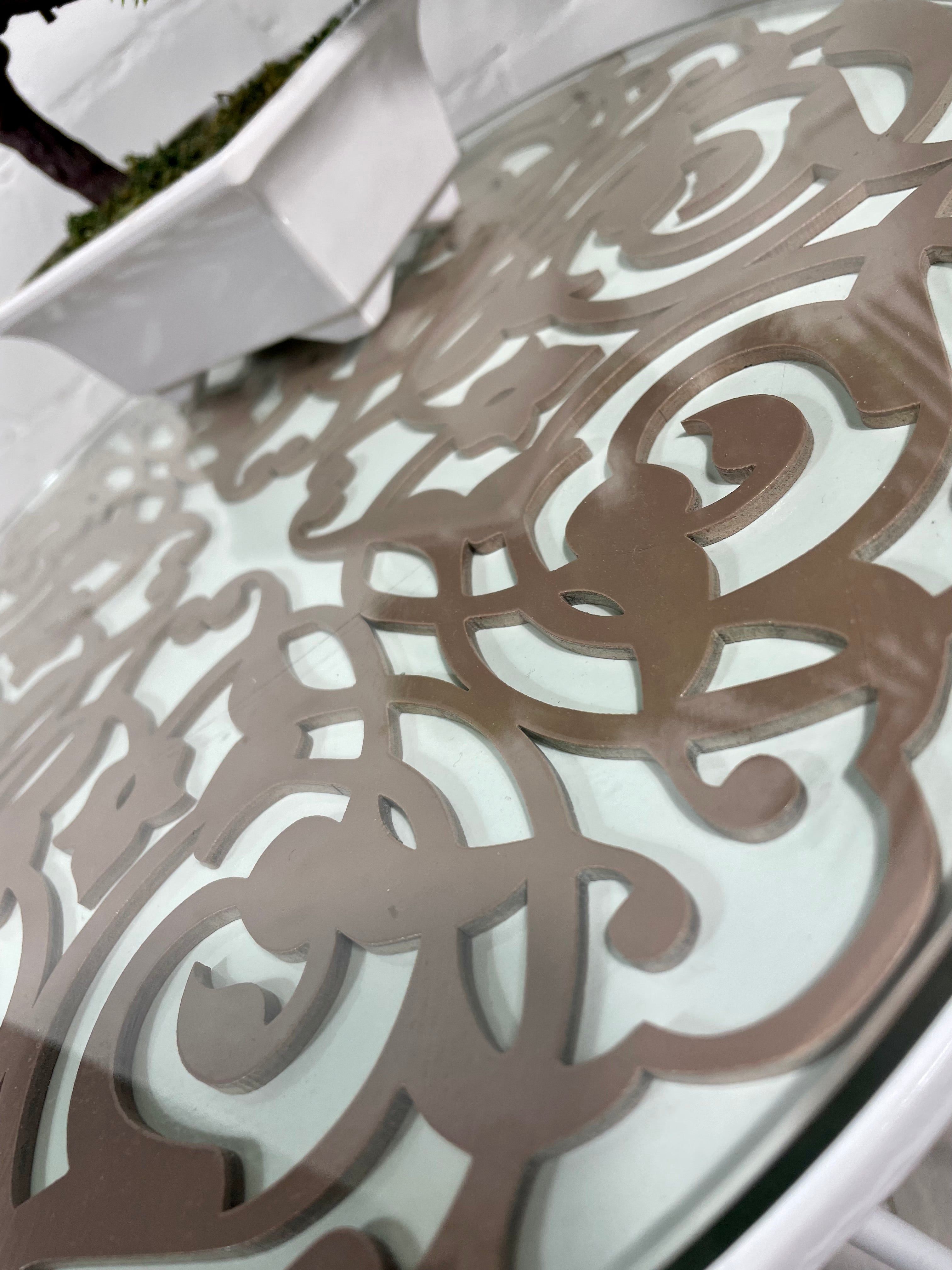 Arabesque Moroccan Side Table In White and Old Pink Finish Pin Legs Zellige Table Glass Top