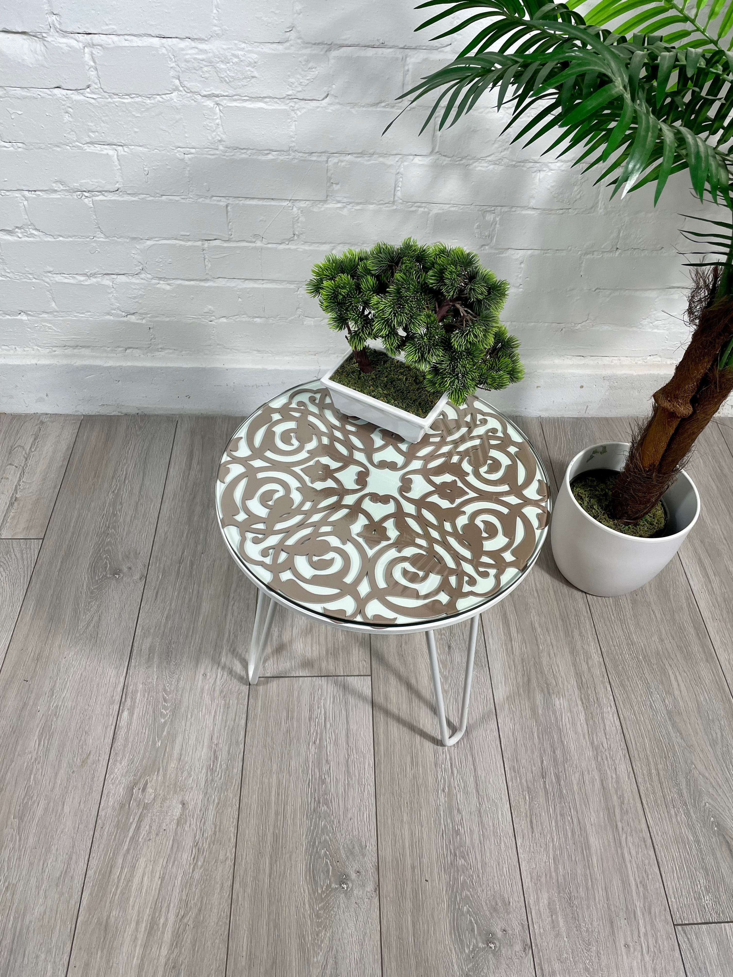 Arabesque Moroccan Side Table In White and Old Pink Finish Pin Legs Zellige Table Glass Top