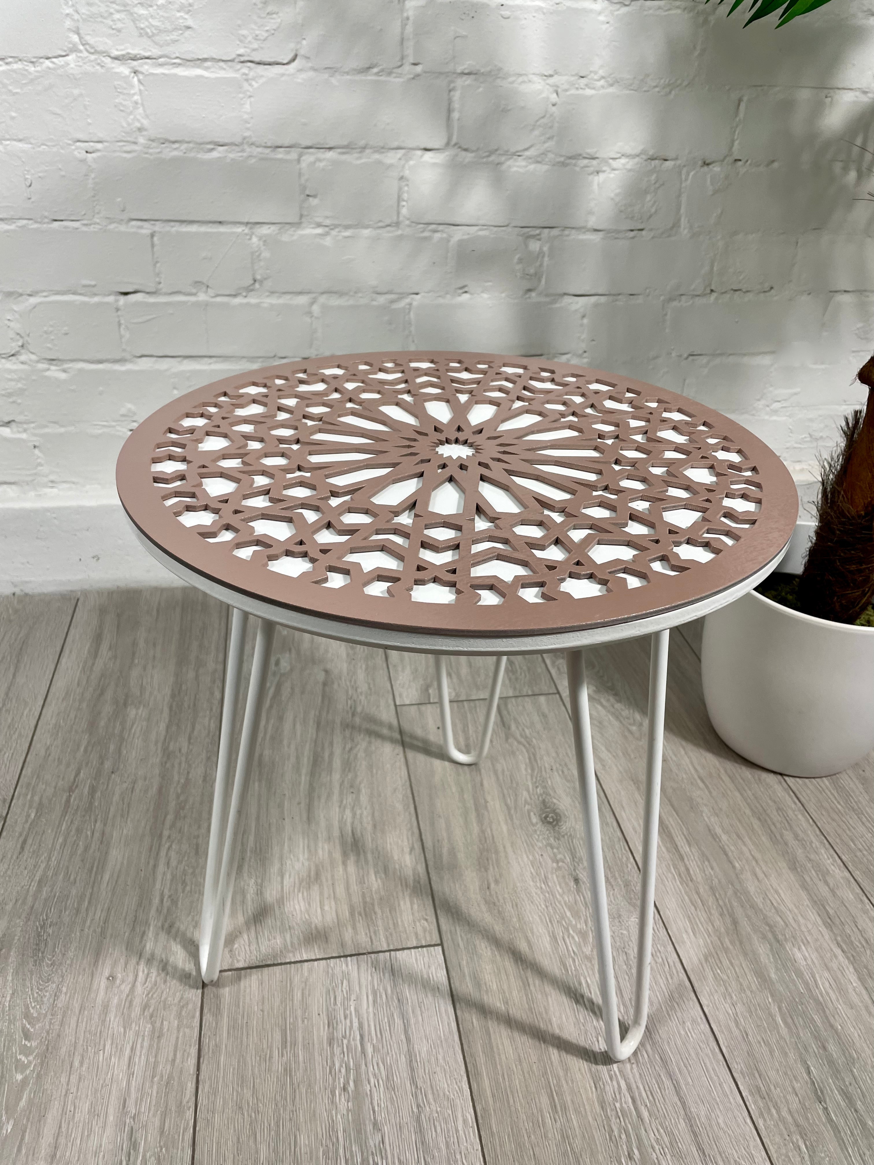 Moroccan Mosaic Side Table Pin Legs | Zellige Table White and Dusty Pink with Glass Top