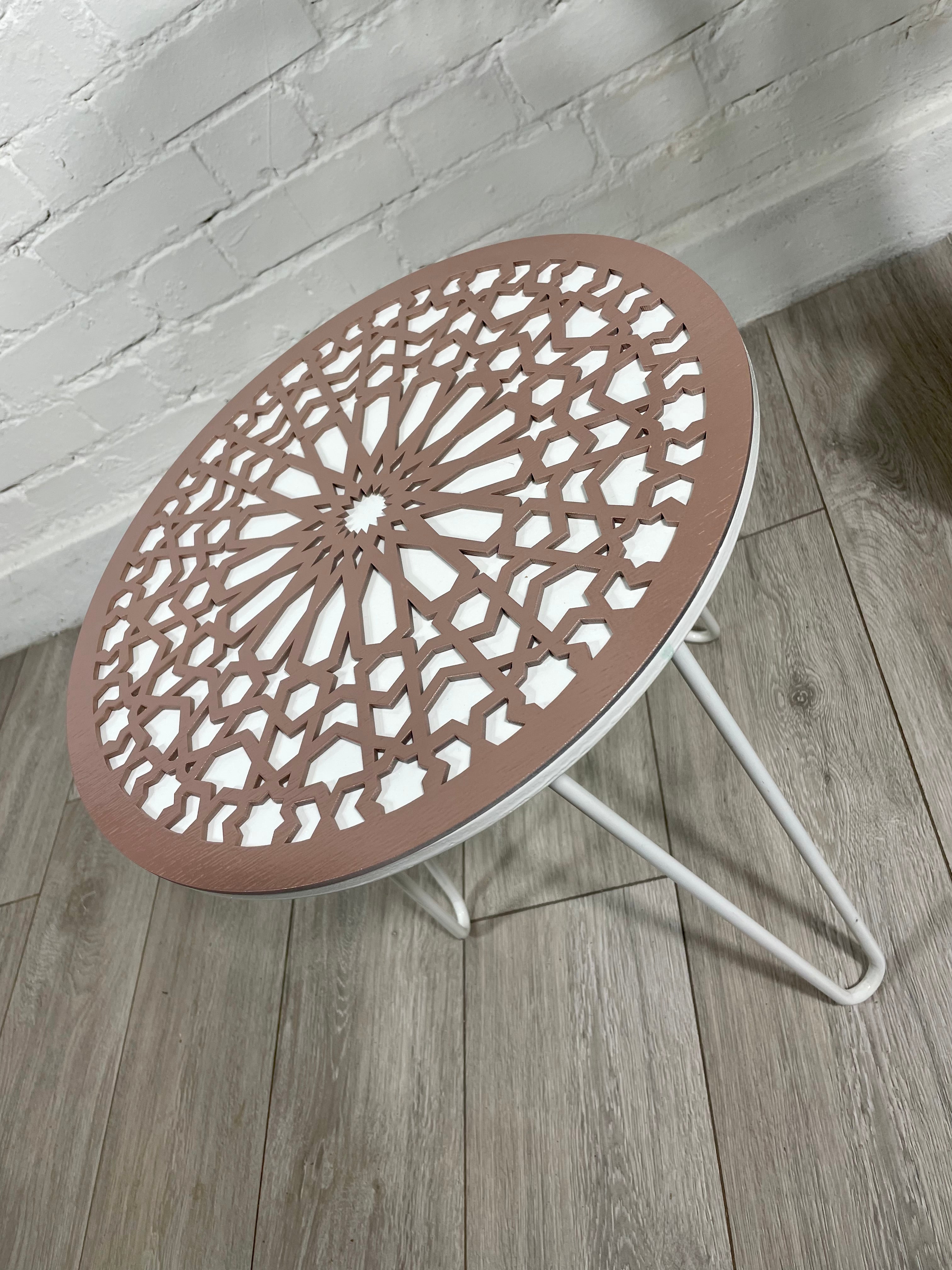 Moroccan Mosaic Side Table Pin Legs | Zellige Table White and Pink Pastel with Glass Top