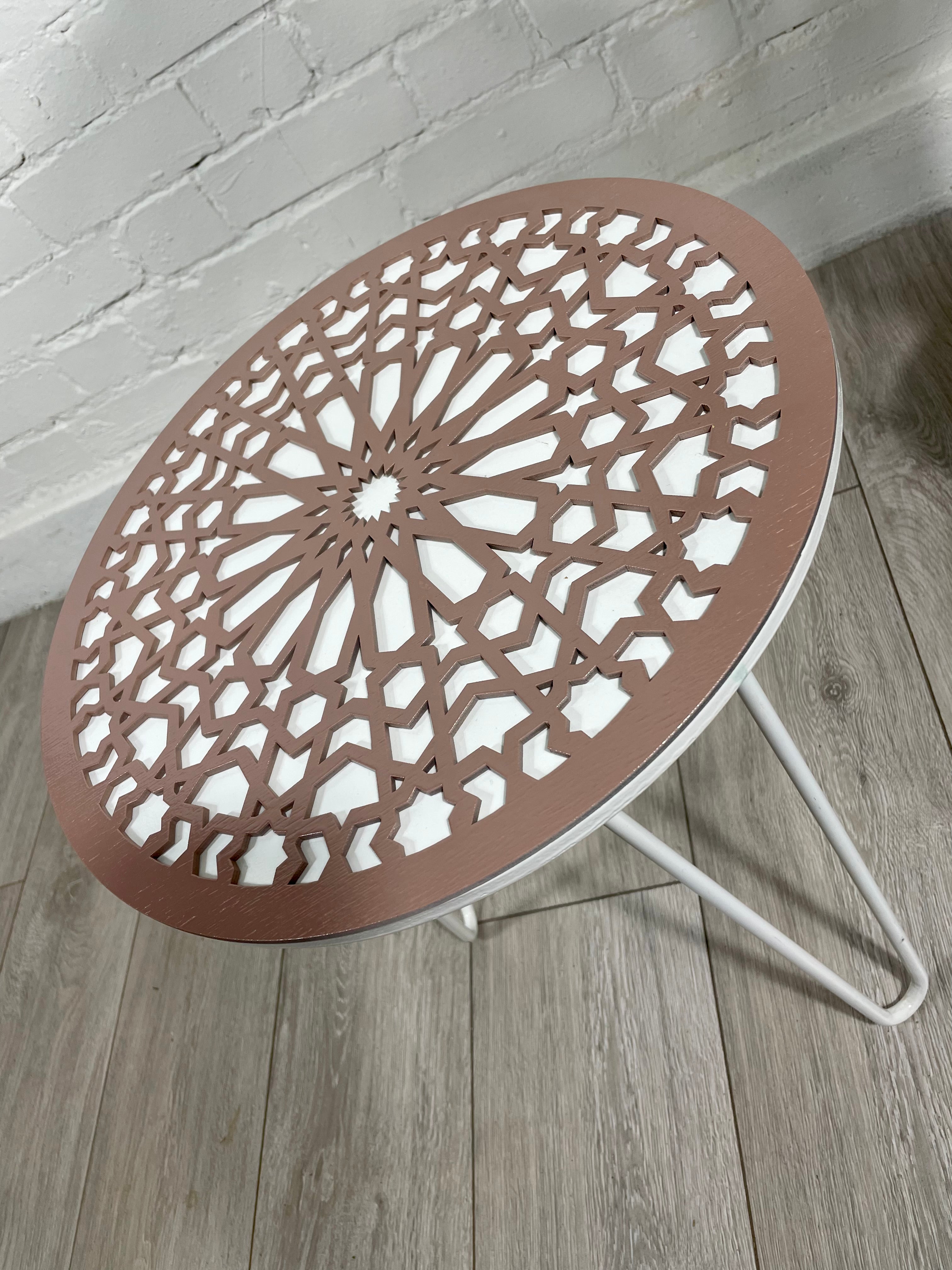 Moroccan Mosaic Side Table Pin Legs | Zellige Table White and Dusty Pink with Glass Top