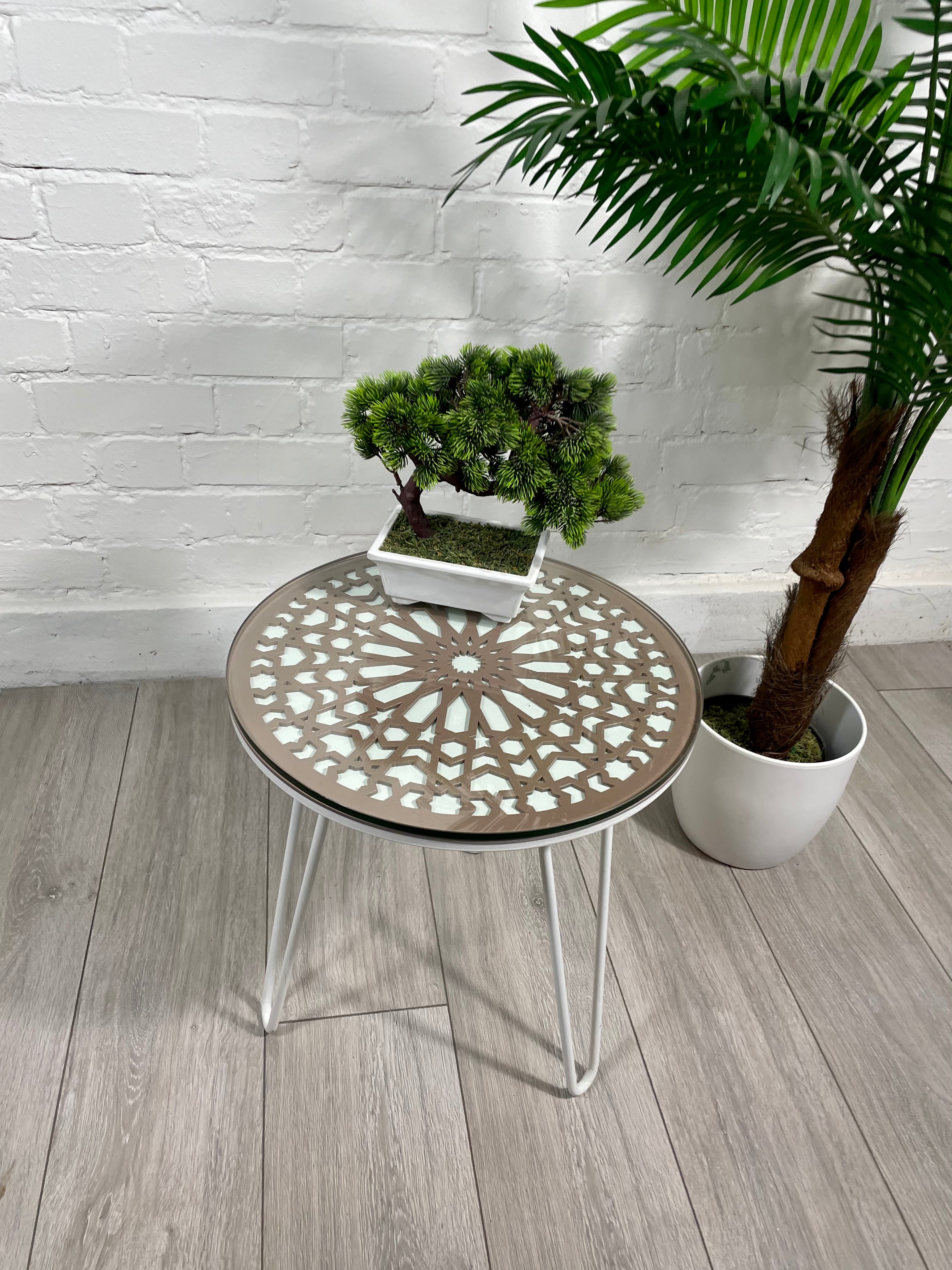 Moroccan Mosaic Side Table Pin Legs | Zellige Table White and Dusty Pink with Glass Top