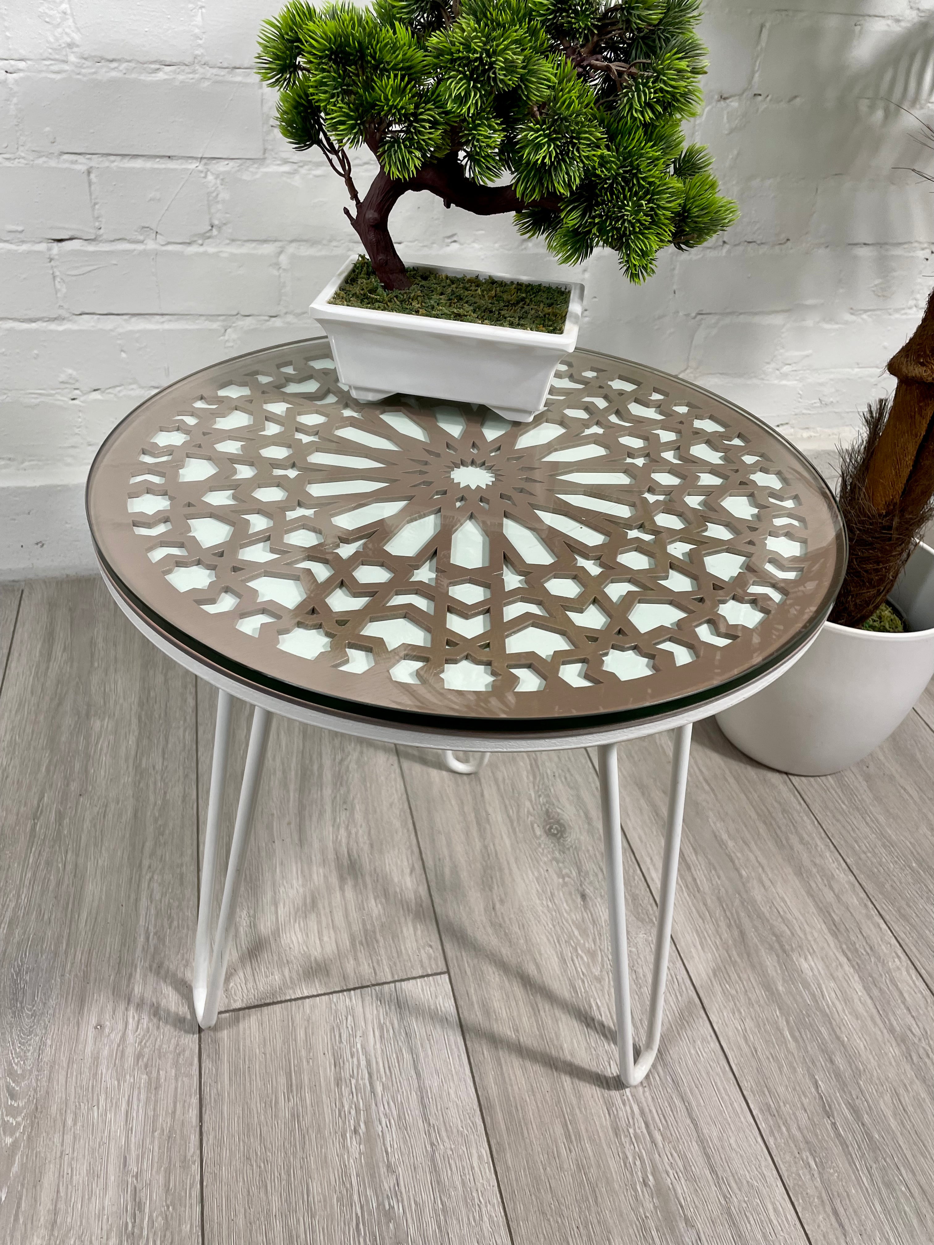 Moroccan Mosaic Side Table Pin Legs | Zellige Table White and Dusty Pink with Glass Top